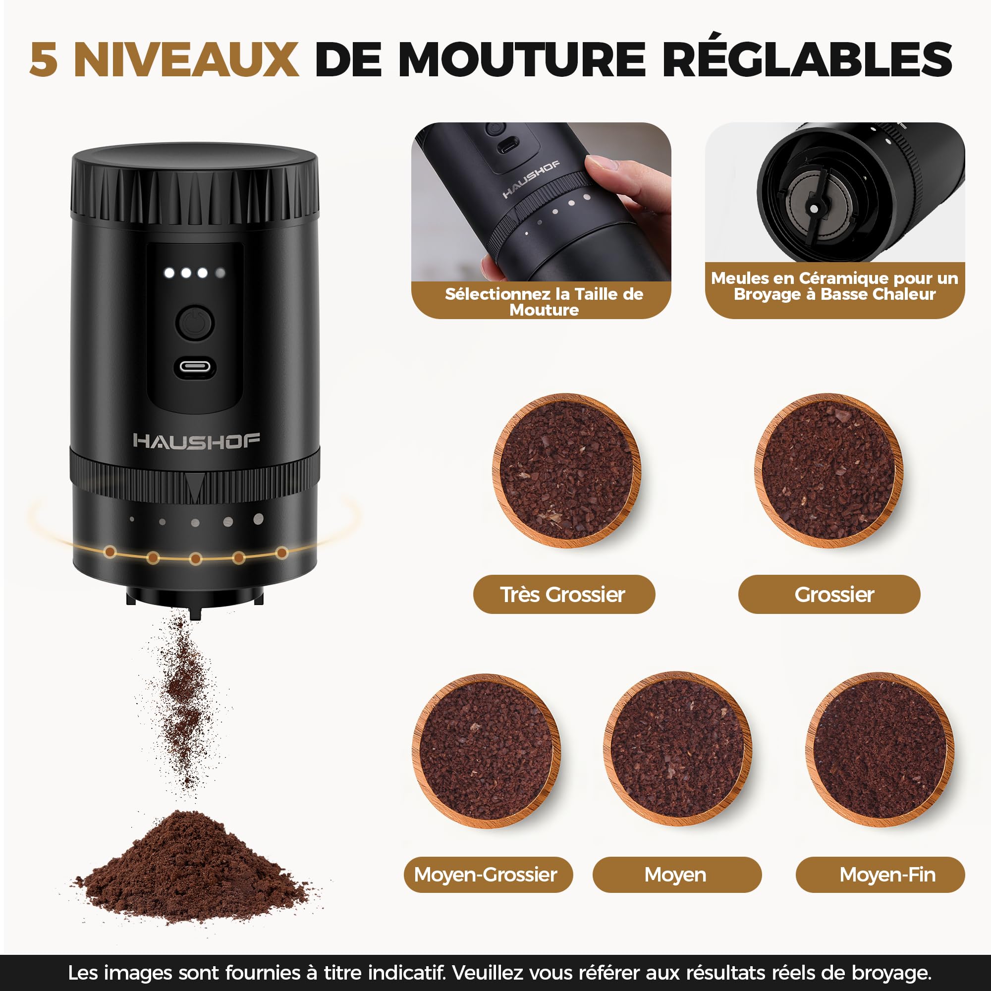 HAUSHOF Machine à Café Portable Tout-en-Un avec Broyeur Intégré, 5 Réglages de Mouture, Rechargeable USB-C, Mug Isotherme 300 ml, Idéale pour Voyage et Camping, Noir