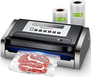 Bonsenkitchen Vacuum Sealer Machine, Globefish Technology for Perfect Vacuum Sealing, Powerful Low-Noise Food Vacuum Sealer with Easy Handle Design, Built-in Cutter and Bag Storage, 2 Bag Rolls