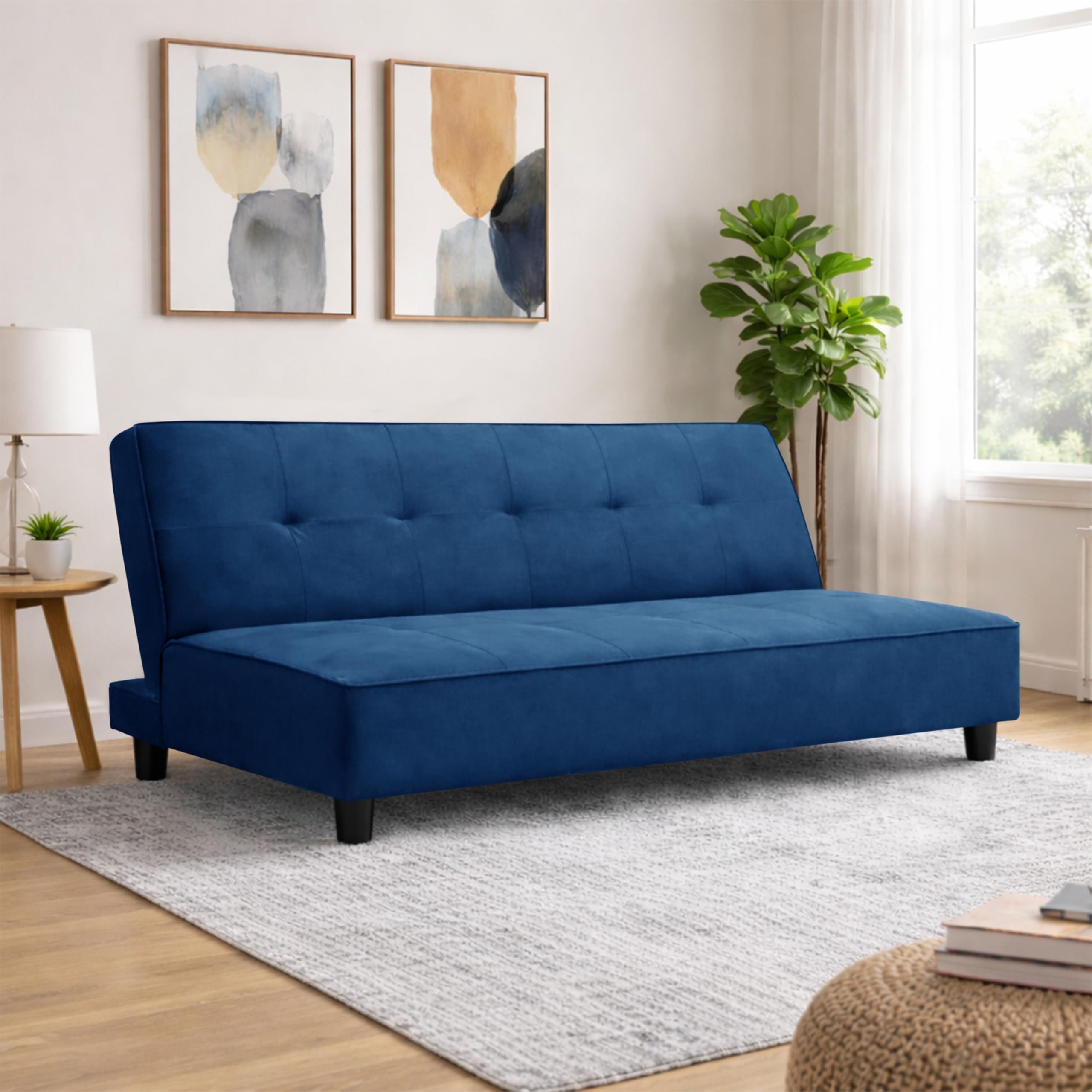 Wood 3 Seater Sofa Cum Bed | Velvet Fabric Upholstered Convertible Couch | Wooden Frame Multi-Functional Sofa for Living Room & Guest Room - Blue Color-image-15