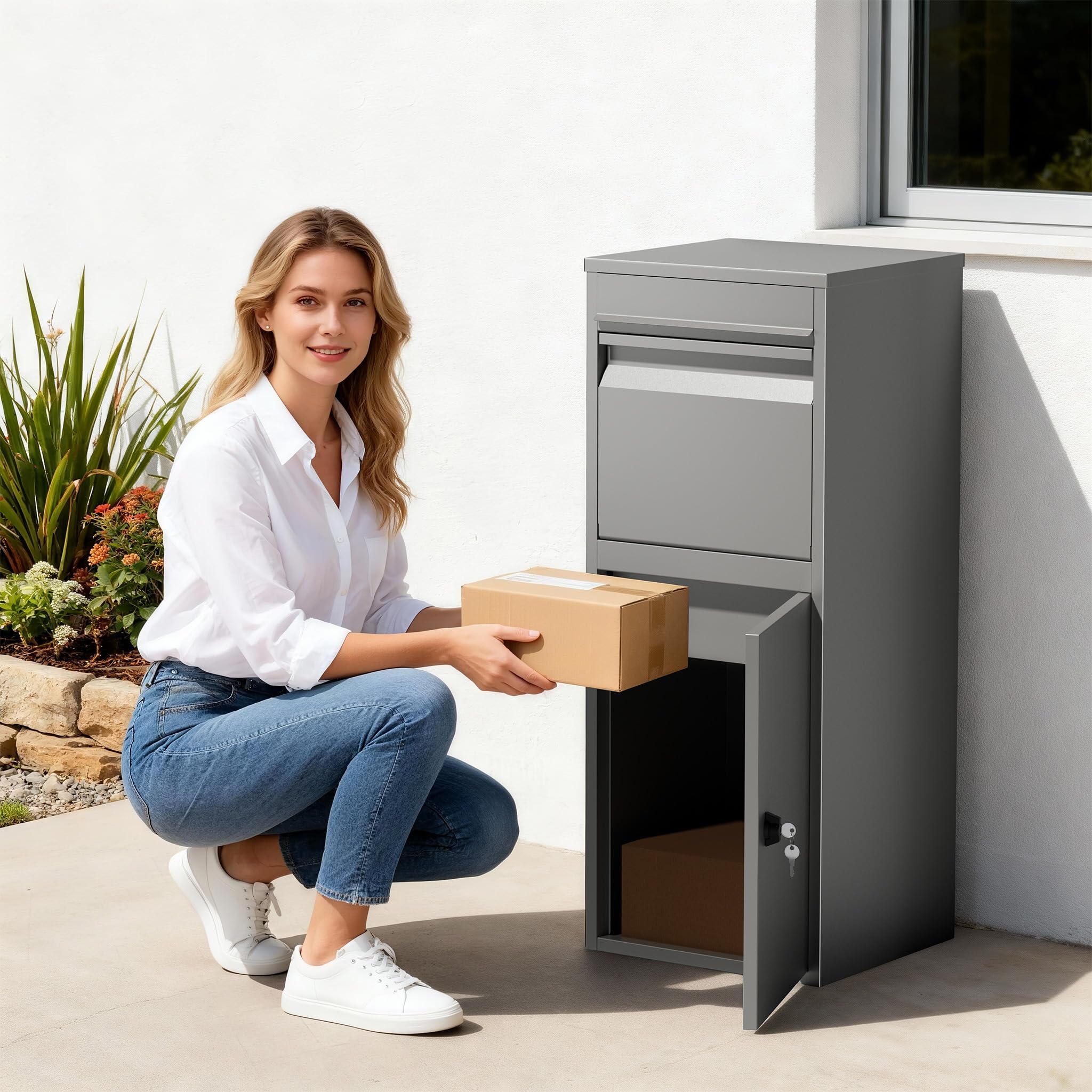 Wiltec Boîte à Colis Grise 410 x 380 x 1020 mm en Acier avec revêtement en Poudre Boîte aux Lettres verrouillable pour la réception de Colis à Domicile Livraison de courrier