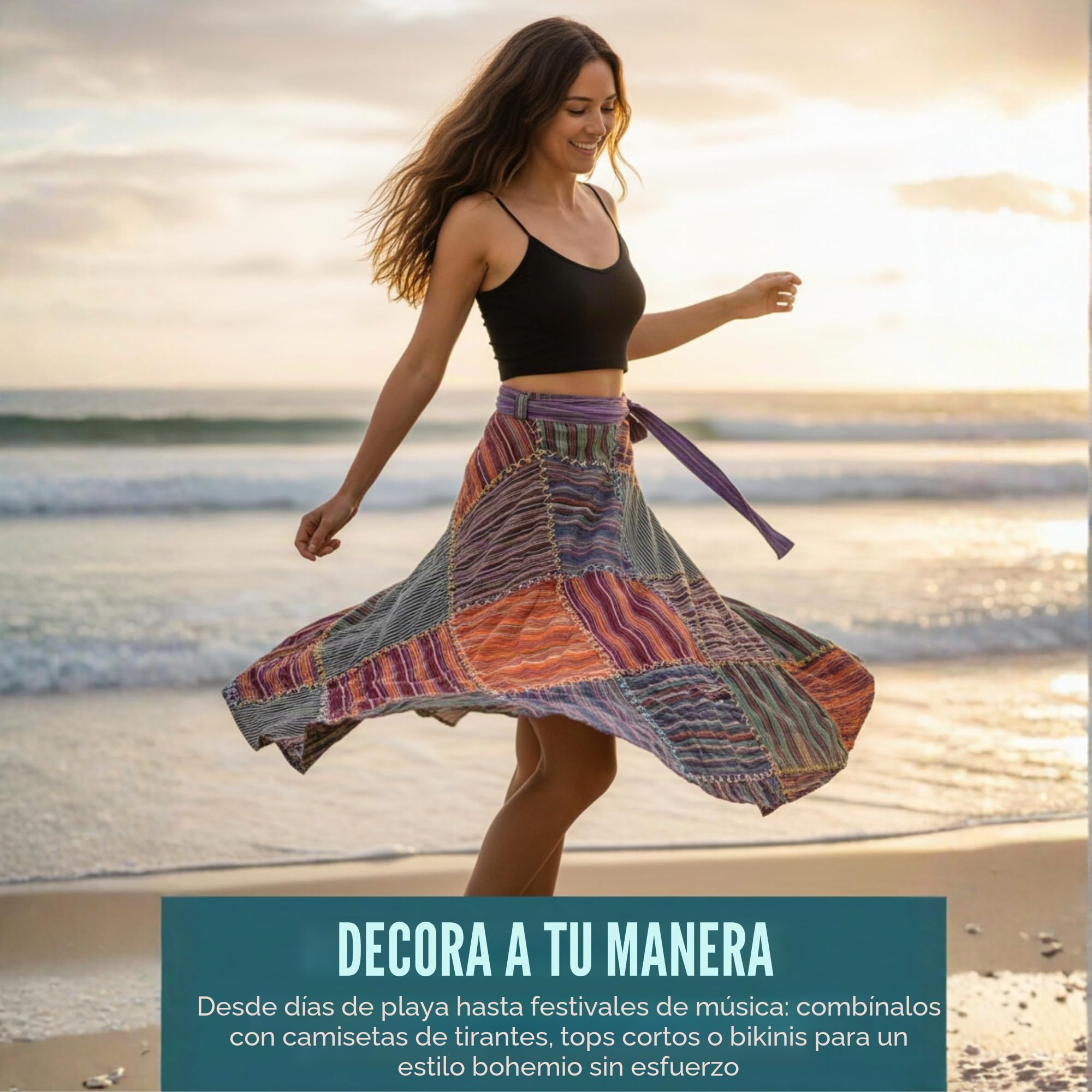 SHOPOHOLIC FASHION Envolvente Redondo Hippy Festival Patchwork Boho Falda Larga | Festival, longitud hasta la rodilla, multicolor