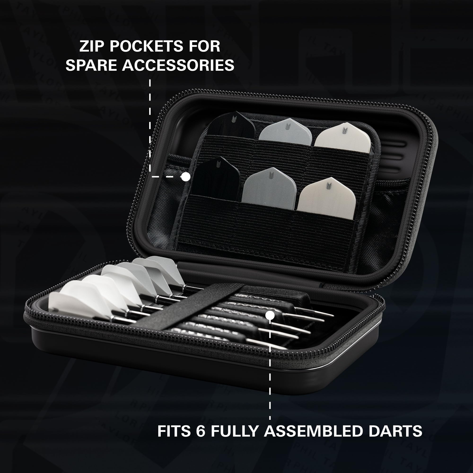 Target Darts Phil Taylor Ghost Series XL Takoma Wallet – “The Power” profesjonalne etui na 6 zmontowanych rzutek, czarno-białe, z zamkiem błyskawicznym, trwałe akcesoria do przechowywania.