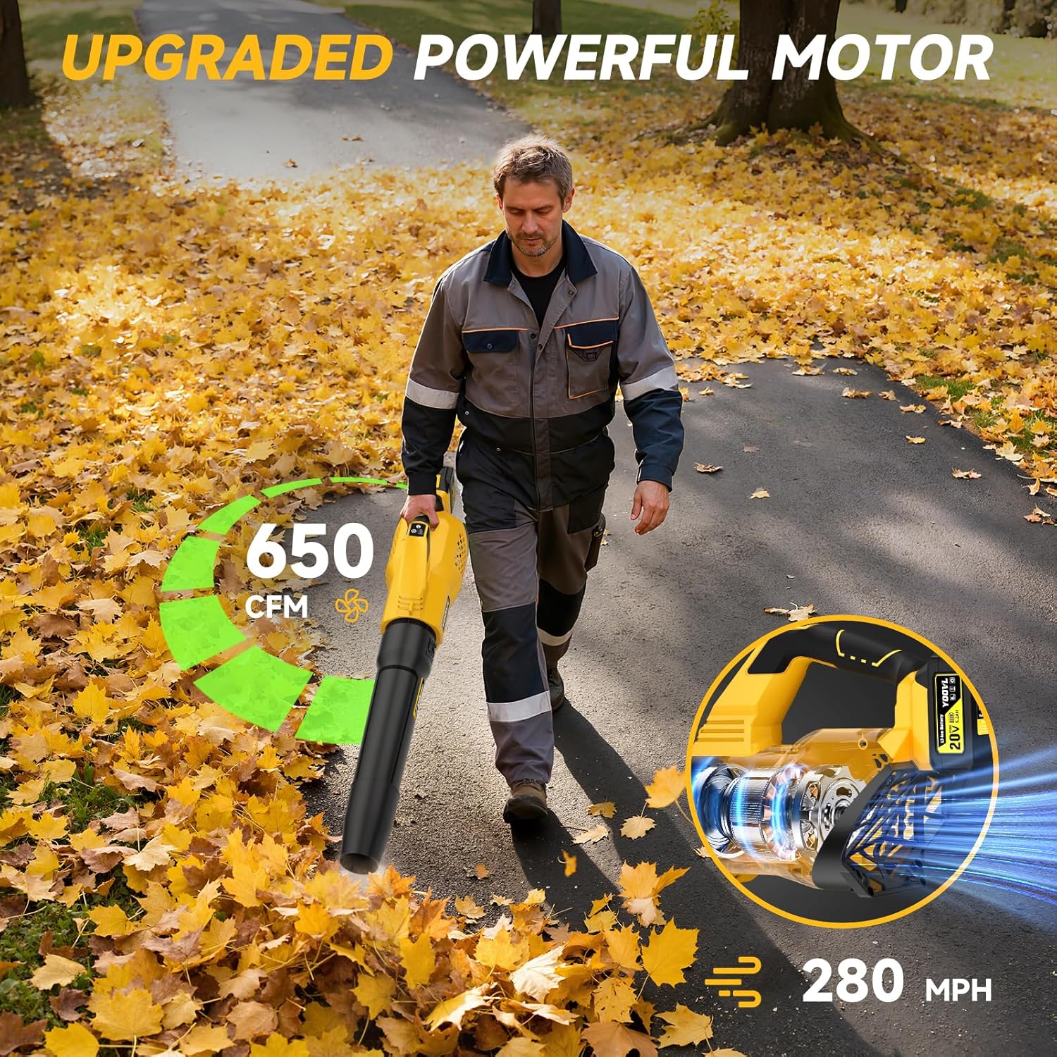 leaf blower cordless, 650cfm electric leaf blowers with 2 x 5.2ah batteries and charger, 3 speed modes, 1 x adjustable shoulder strap, powerful blowers for lawn care, patio, dust, blowing leaves plastic yellow