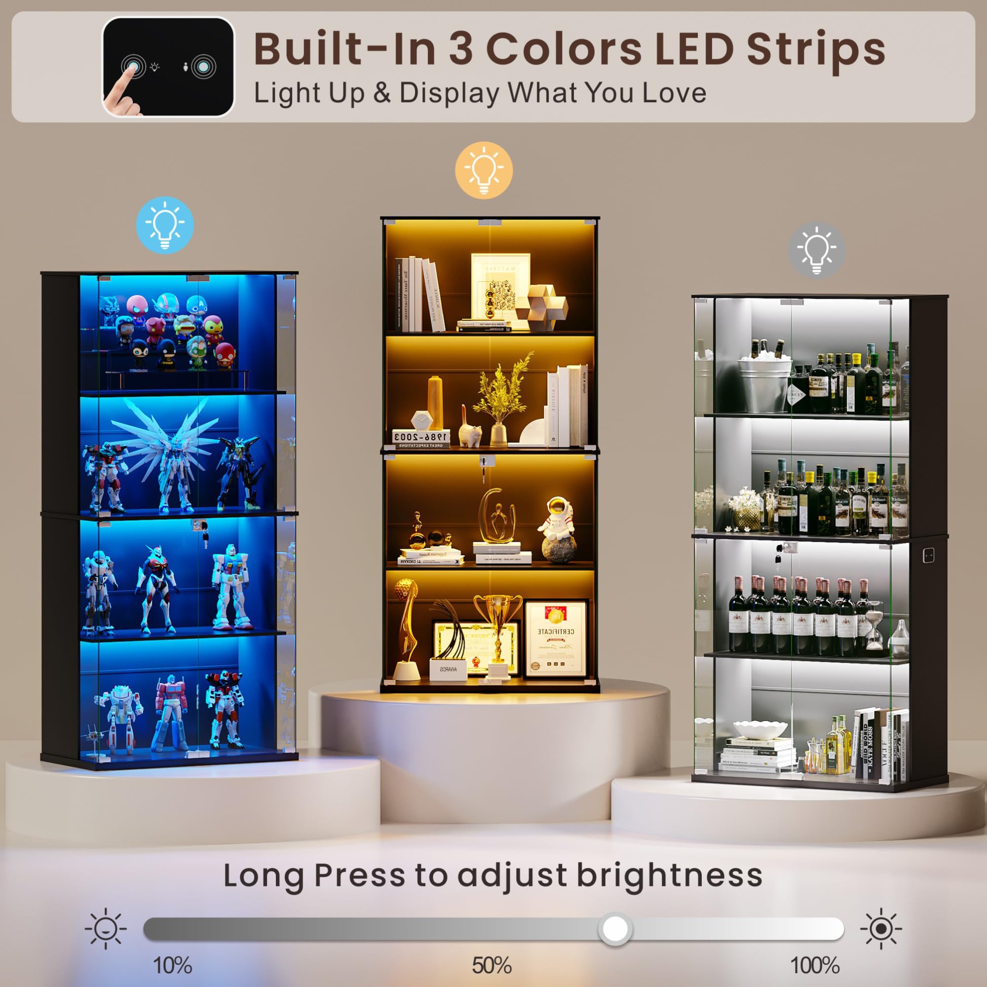 Gurexl 168 CM Vitrina de Cristal con LED luz y Sensor de Movimiento,Vitrinas de 4 Niveles para Colecciones con Puerta de Cristal con Cerradura,Curio Vitrina para Sala de Estar,Coleccionables,Negro