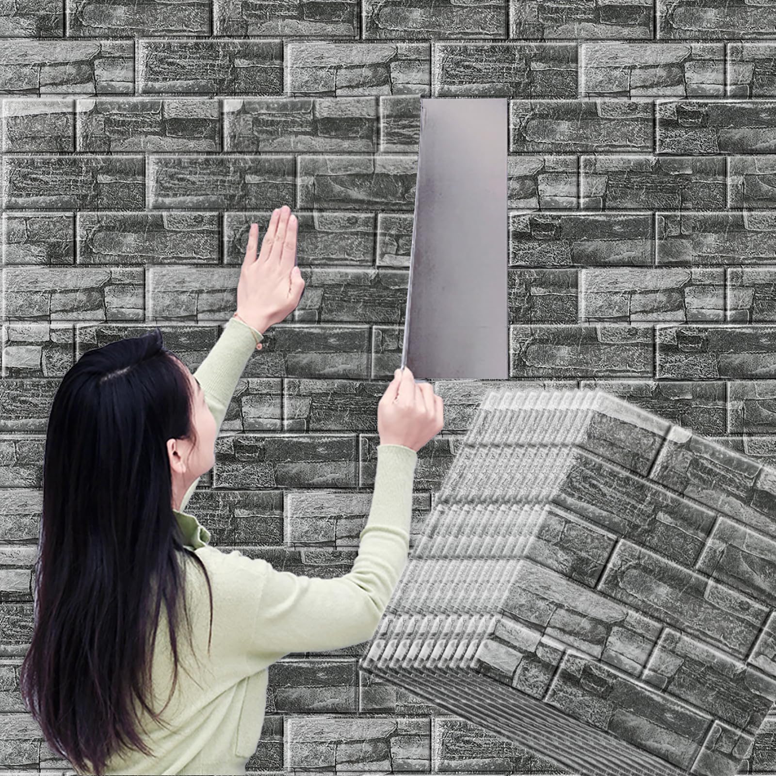 Camiraft Roman Black Peel and Stick Wall Panels Self Adhesive Brick Effect Wallpaper 38x35cm 10PCS Removable Wall Tiles 3D Tile Brick Wall Sticker Waterproof PE Foam Panel — image 1