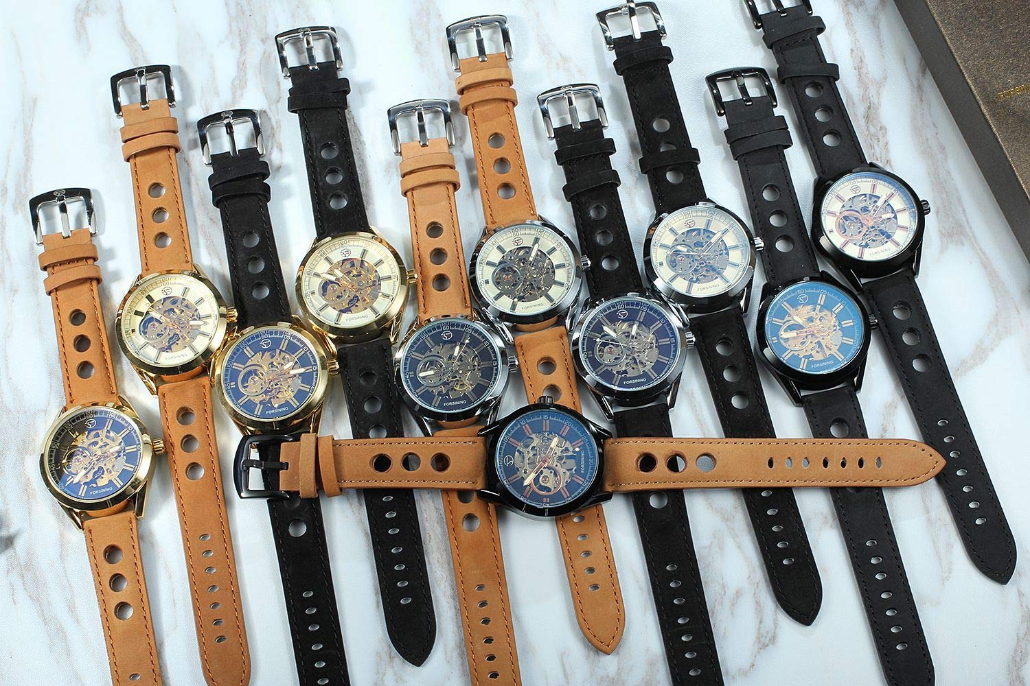 MASTOP Herren-Armbanduhr, automatisch, mechanisch, luxuriös, offenes Design, selbstaufziehend, Leder