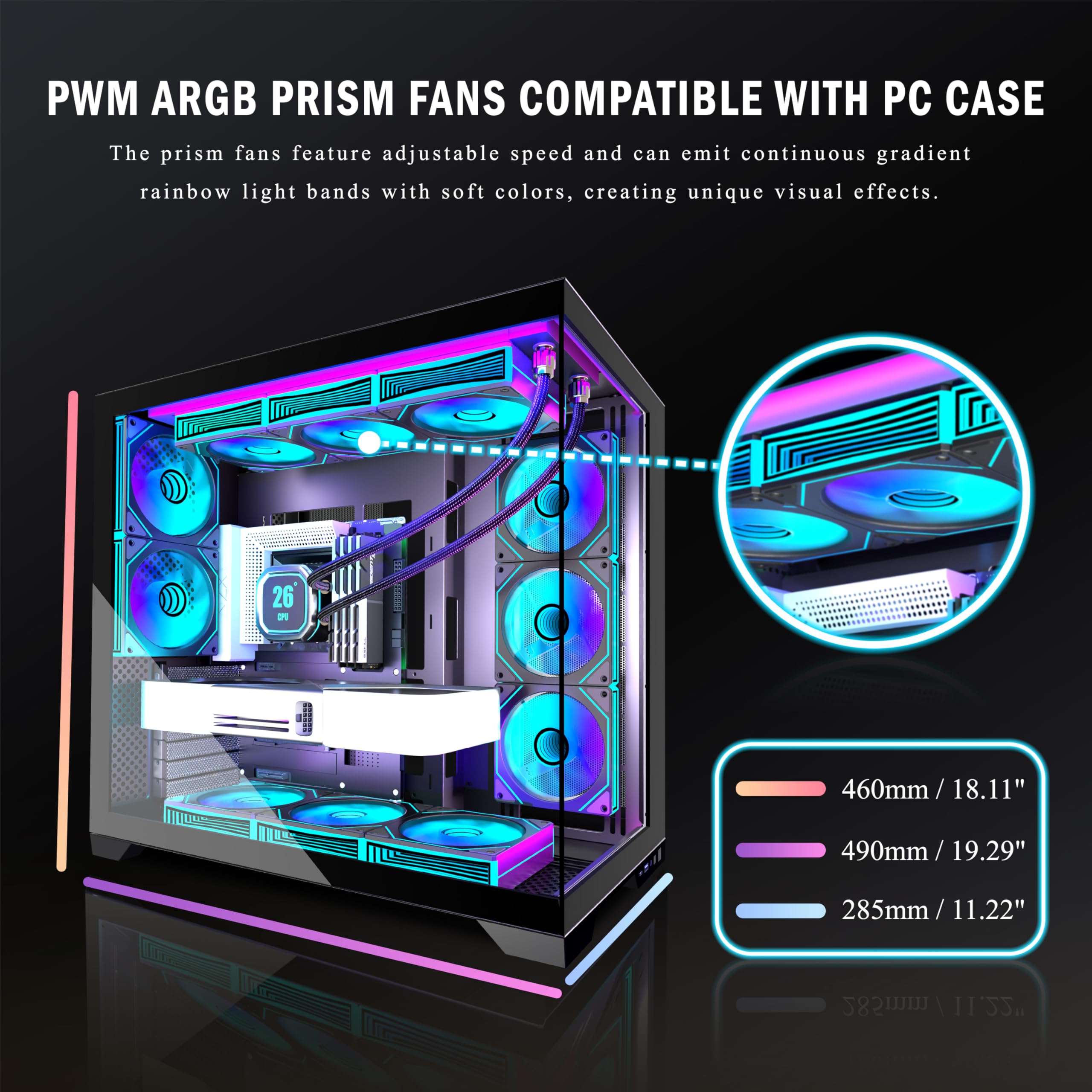 ANSAITE ATX PC-Gehäuse 9×120 mm ARGB PWM-Lüfter vorinstalliert ，Mid-Tower Gaming PC-Gehäuse, Panorama-Gehärtetes Glas Schwarz Computer-Gehäuse mit Typ-C, 360mm Radiator Unterstützung，H-D9 (Schwarz)