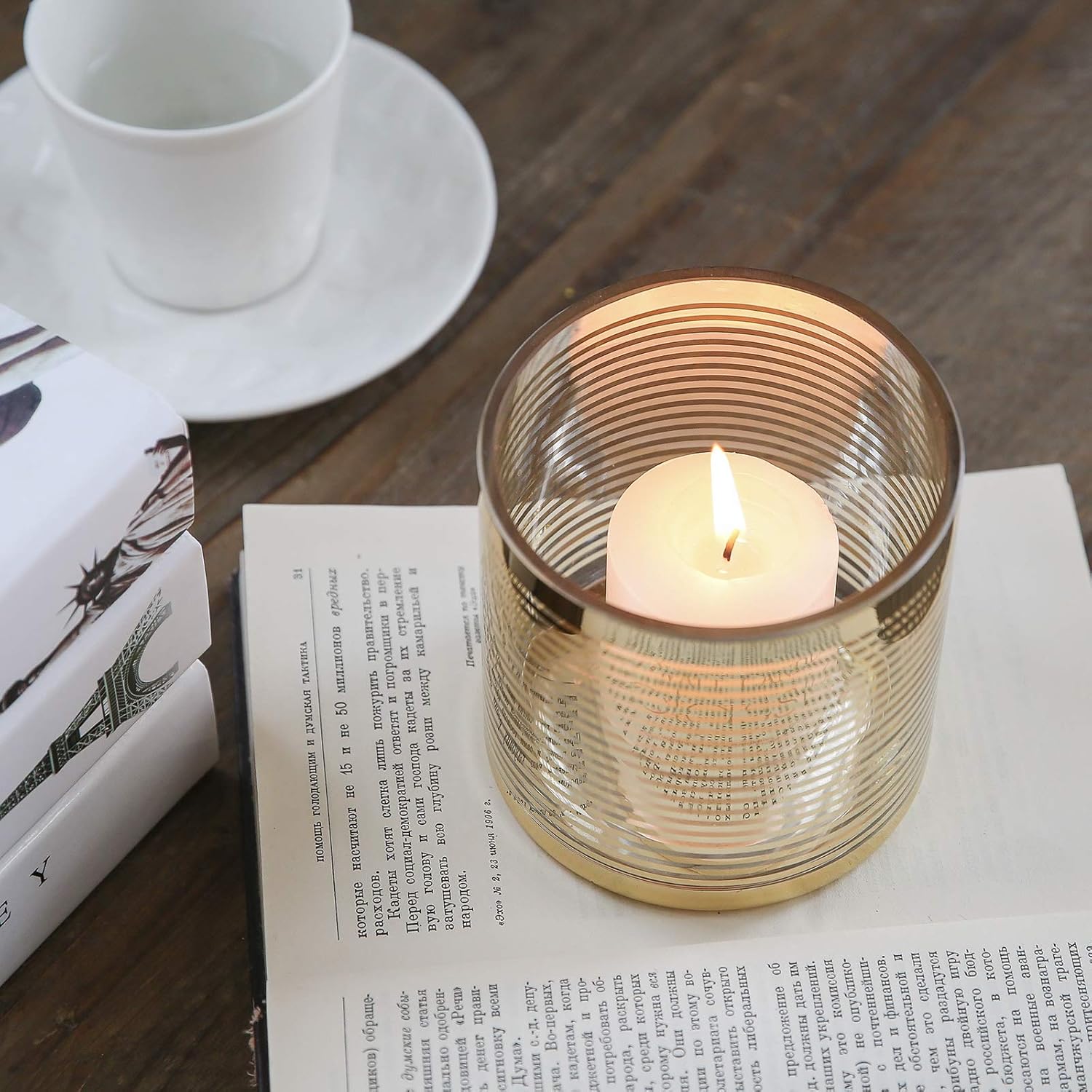 cyl home Hurricane Candleholders Clear Glass with Unique Golden Striped Decor Dining Table Centerpieces Cylinder Vases Gifts for Wedding Housewarming Christmas Party，3.9'' Height. : Home & Kitchen
