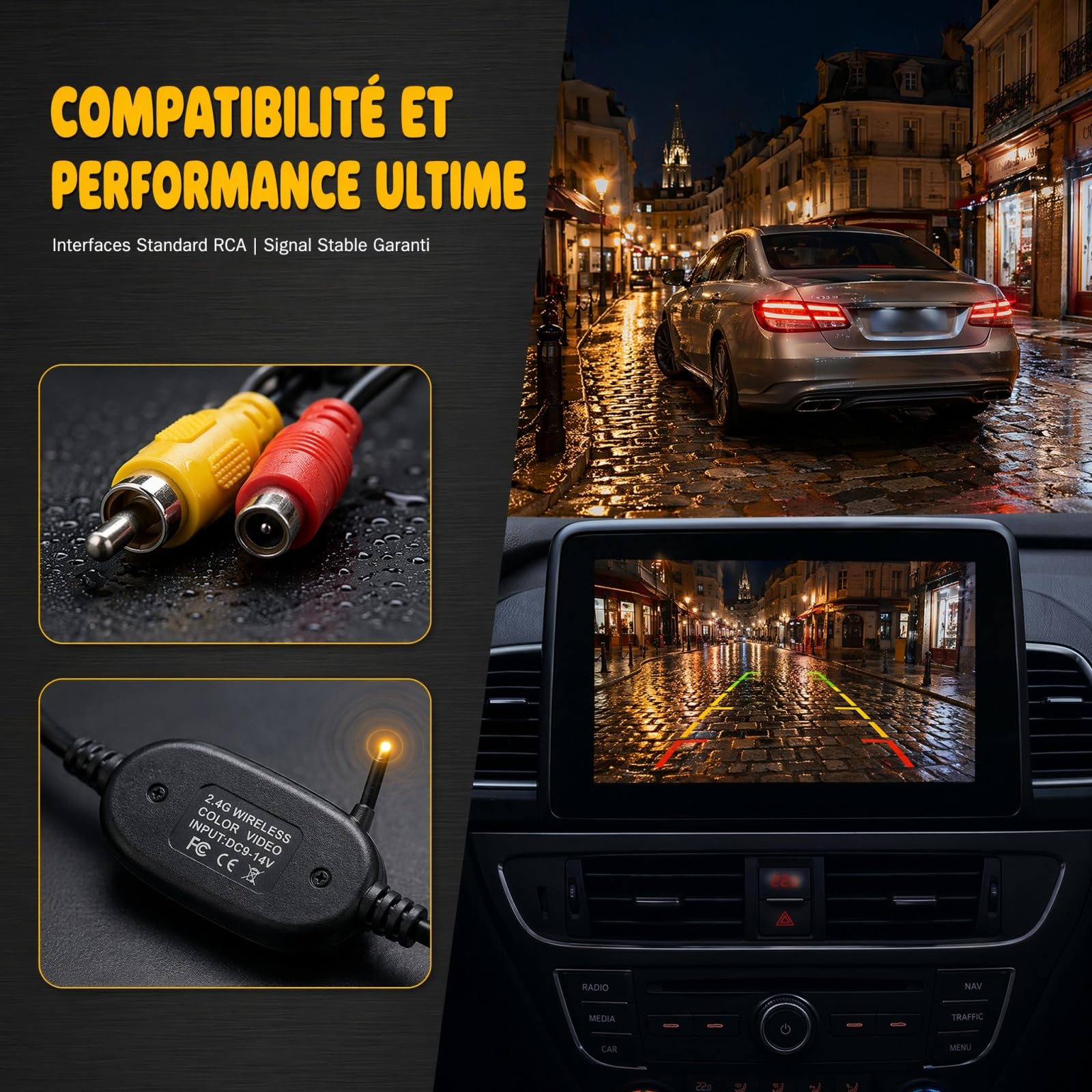 12 V/2,4 GHz Émetteur et récepteur vidéo sans Fil pour caméra de recul/caméra Frontale de véhicule Connexion Facile Via connecteur RCA