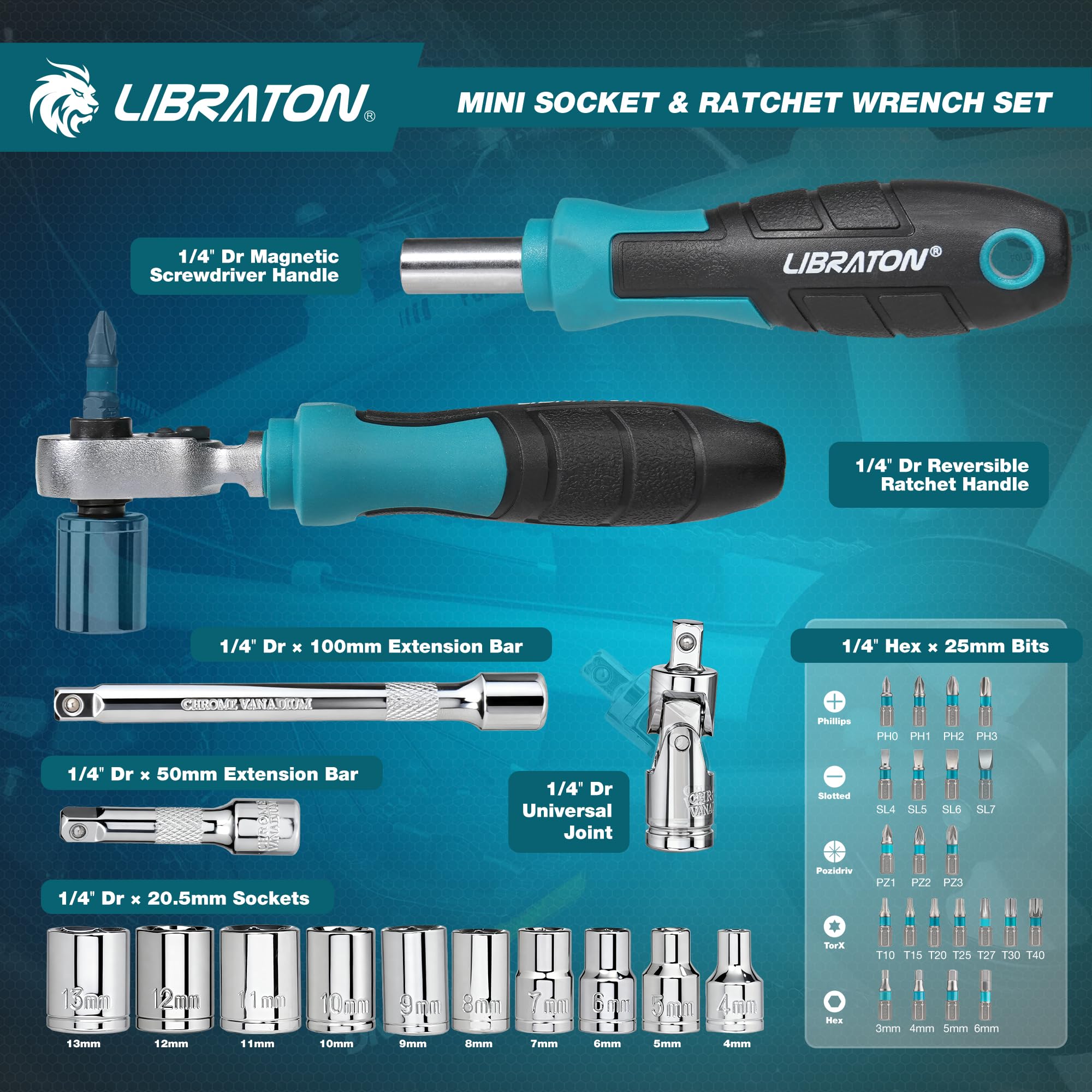 LIBRATON Ensemble de cliquet et de douilles mini 37 pièces avec entraînement de 10,2 mm, embouts de 4–13 mm, manche magnétique, barres d’extension et joint universel, avec étui de rangement pour