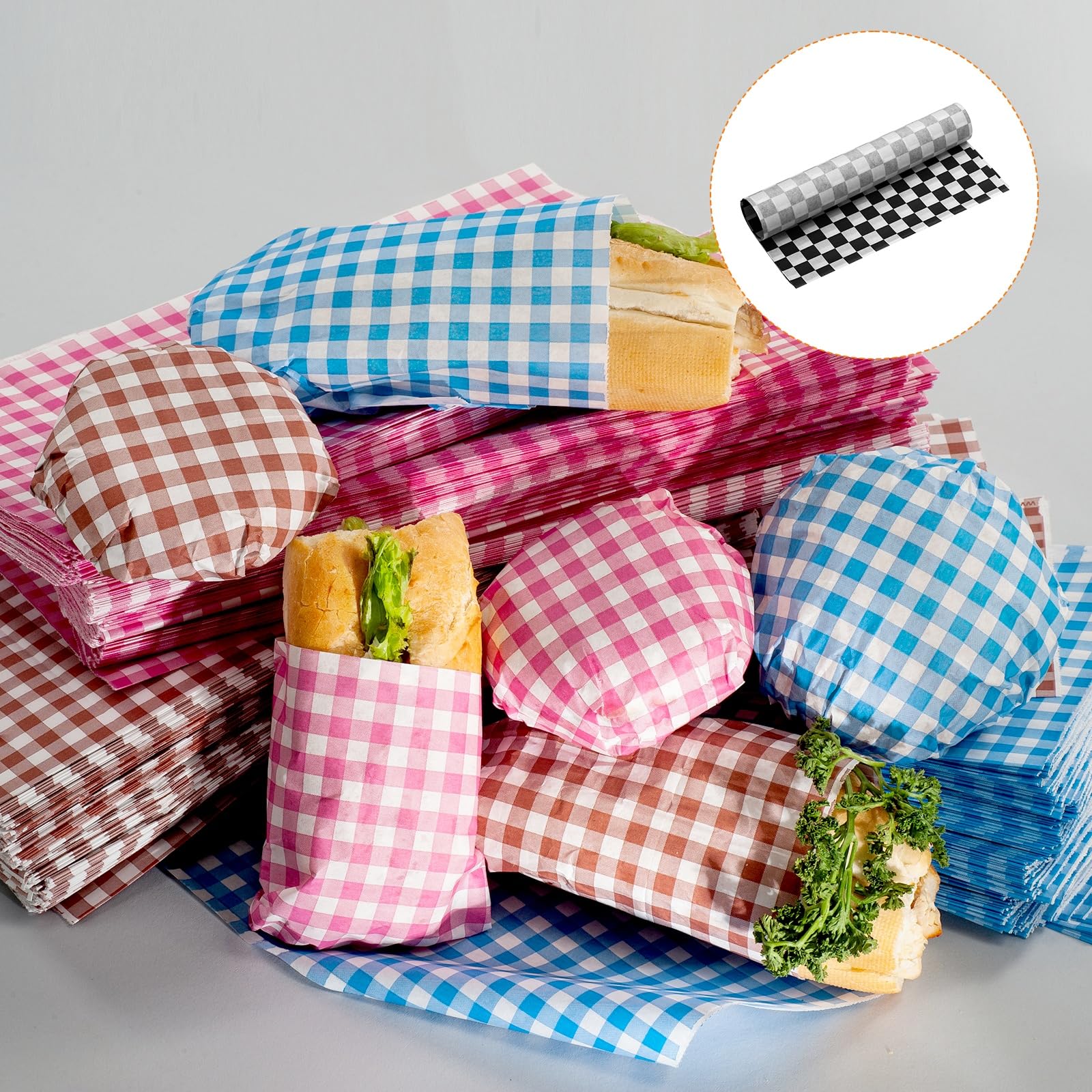 QUARKZMAN 300 Fogli Di Carta Oleata A Quadretti 8" X 8" Carta Assorbente Per Alimenti Per Sandwich Carta Da Forno Per Cestini Da Picnic Hamburger, Nero