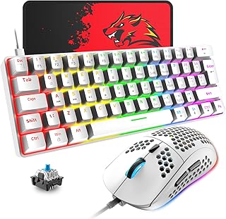 T60 UK Layout 60% Mechanical Keyboard and Mouse Set, Compact 62 Keys Mini Wired Gaming Keyboard 19 Rainbow Backlit + 6400DPI RGB Ultra-Light PC Gaming Mice + Mouse Pad For Laptop/MAC-White/Blue Switch