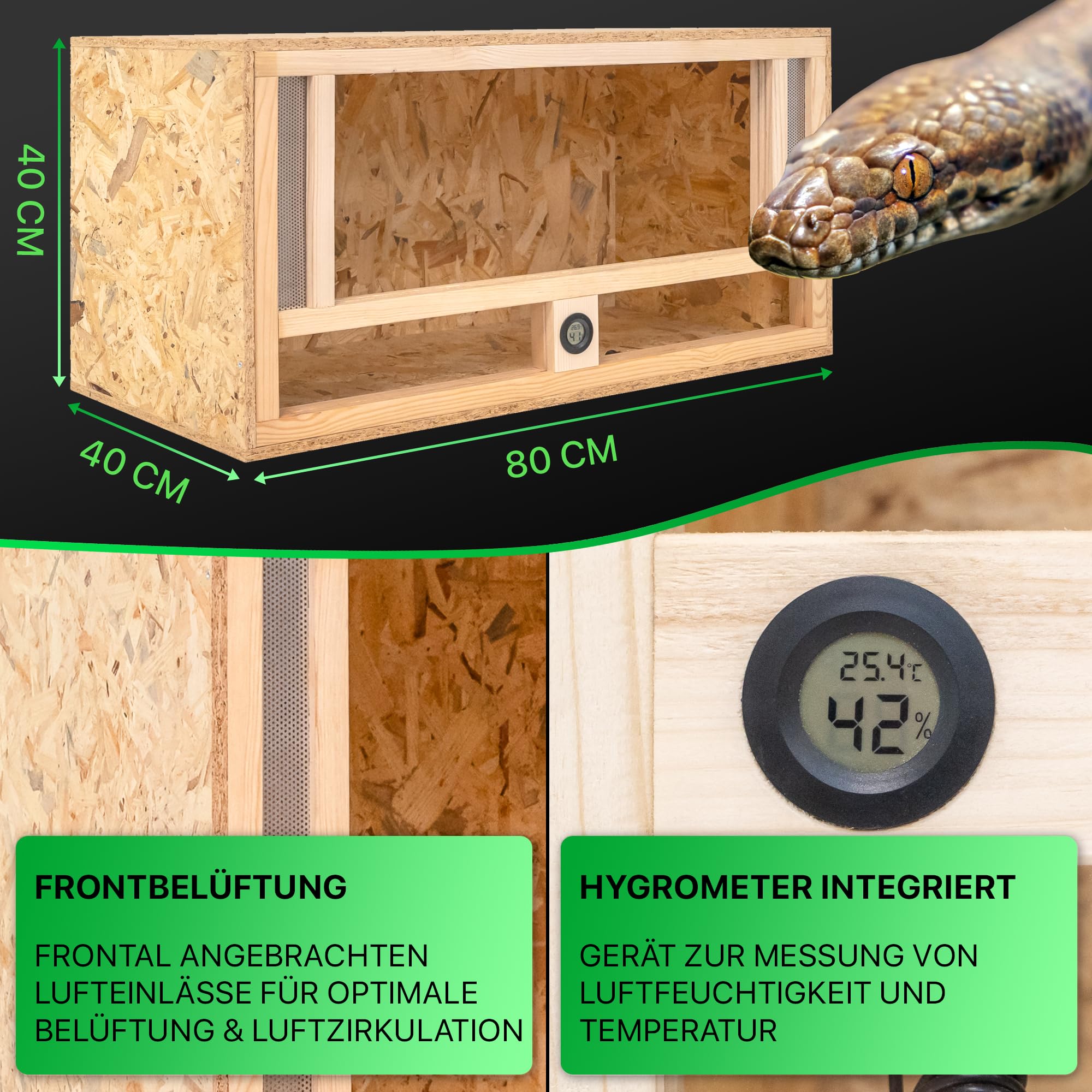 ITA Holz Terrarium 80x40x40 cm mit Frontbelüftung & Integriertem Hygrometer - Holzterrarium aus OSB-3 Platten - Terrarien für Reptilien, Schlangen, Amphibien - EU Produkt, FSC Zertifiziert