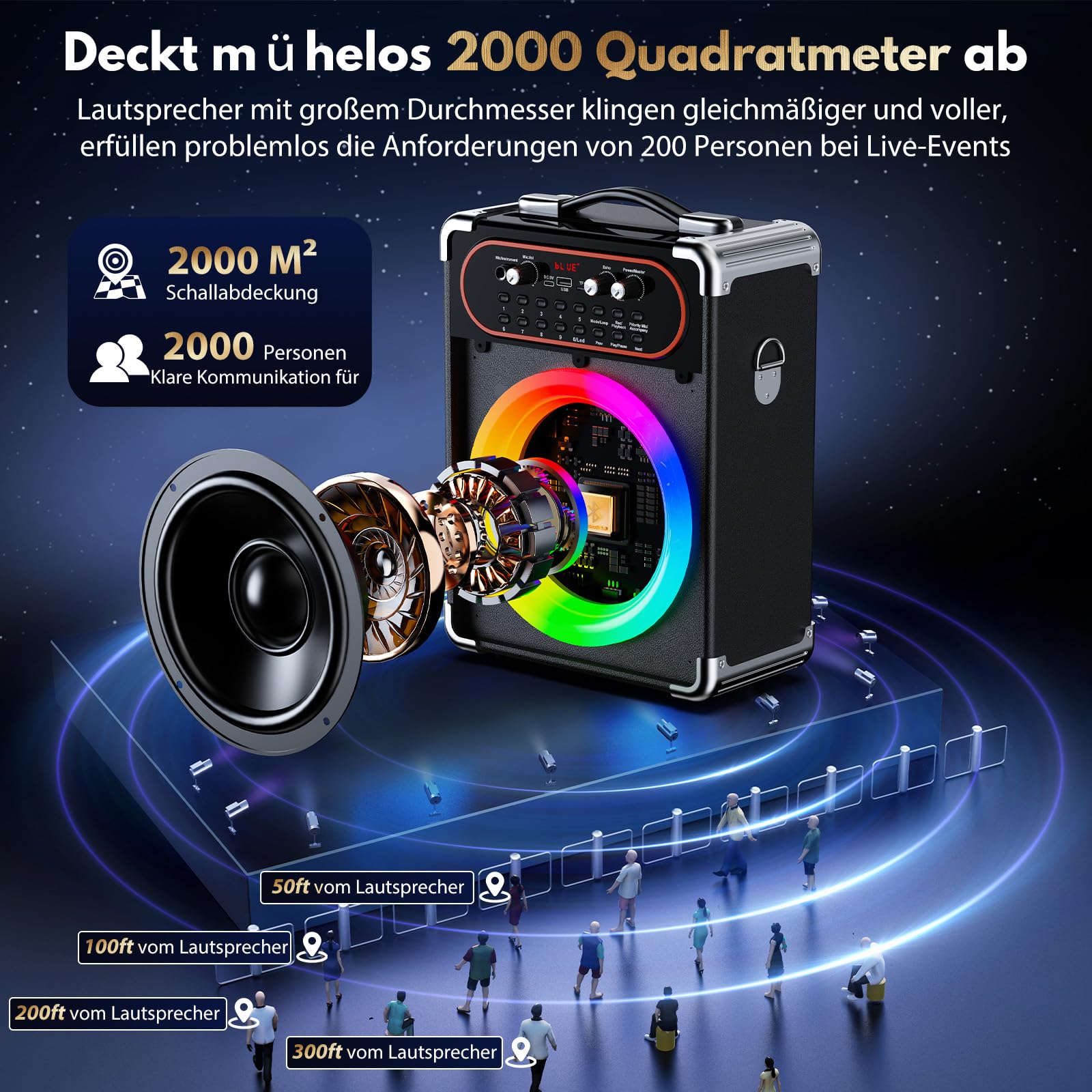 HWWR Karaoke Maschine, Karaoke Anlage mit 2 Mikrofonen Tragbarer Bluetooth 5.3-Lautsprecher mit PA-Anlage mit Echo-Einstellung, Unterstützung für TWS/TF-Karte/USB/AUX/TV-Anschluss, Bühnensubwoofer