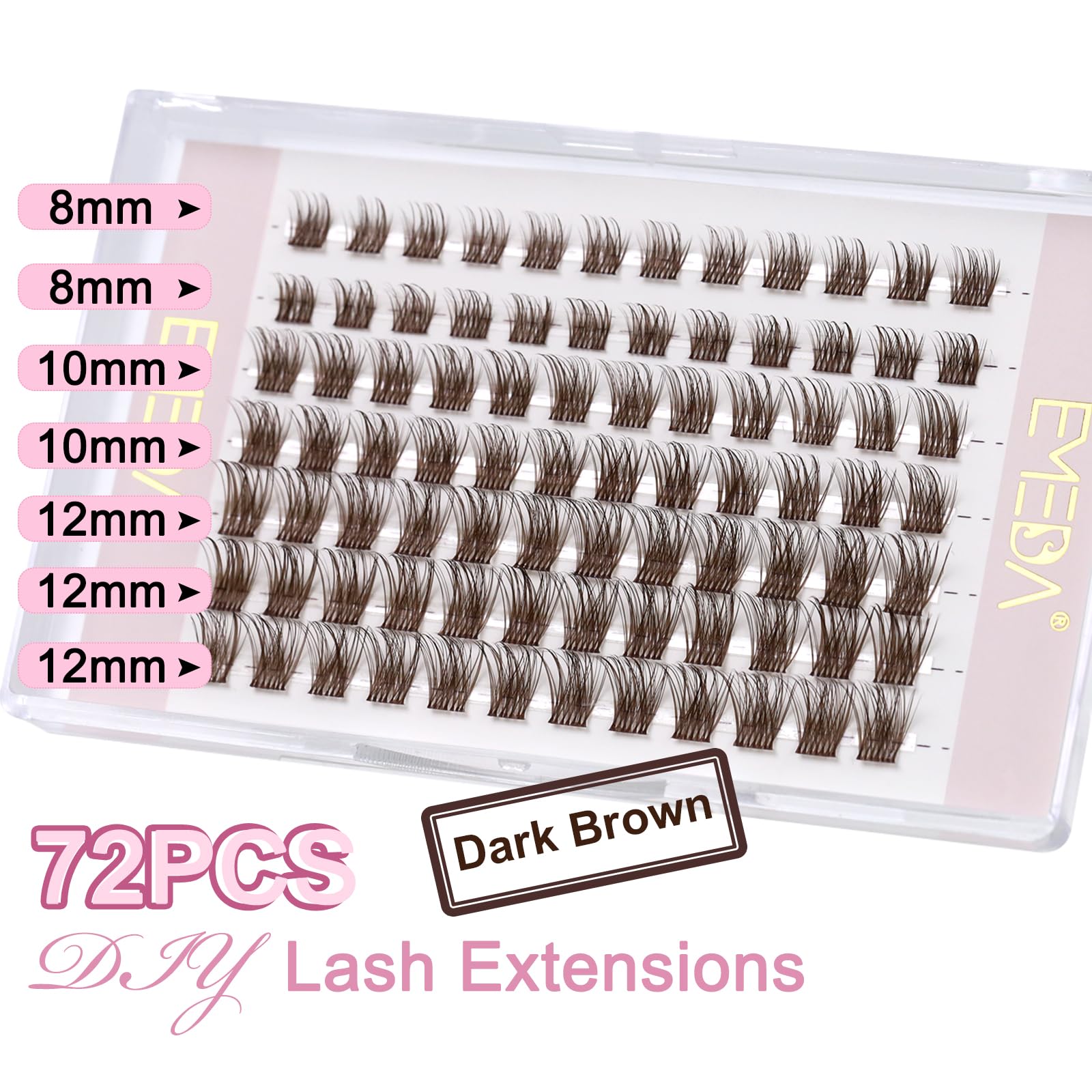 EMEDA Dark Brown Individual Cluster Lashes D Curl Mix 8mm 10mm 12mm DIY Eyelash Extensions Clear Band Natural Look Brown Lash Clusters Colored Cluster lashes (Dark brown) - Image 2