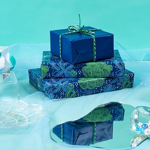 Vista 463 de WRAPAHOLIC Papel de regalo reversible, mini rollo, 17 pulgadas x 33 pies, adorable diseño de gato y azul sólido para cumpleaños, vacaciones