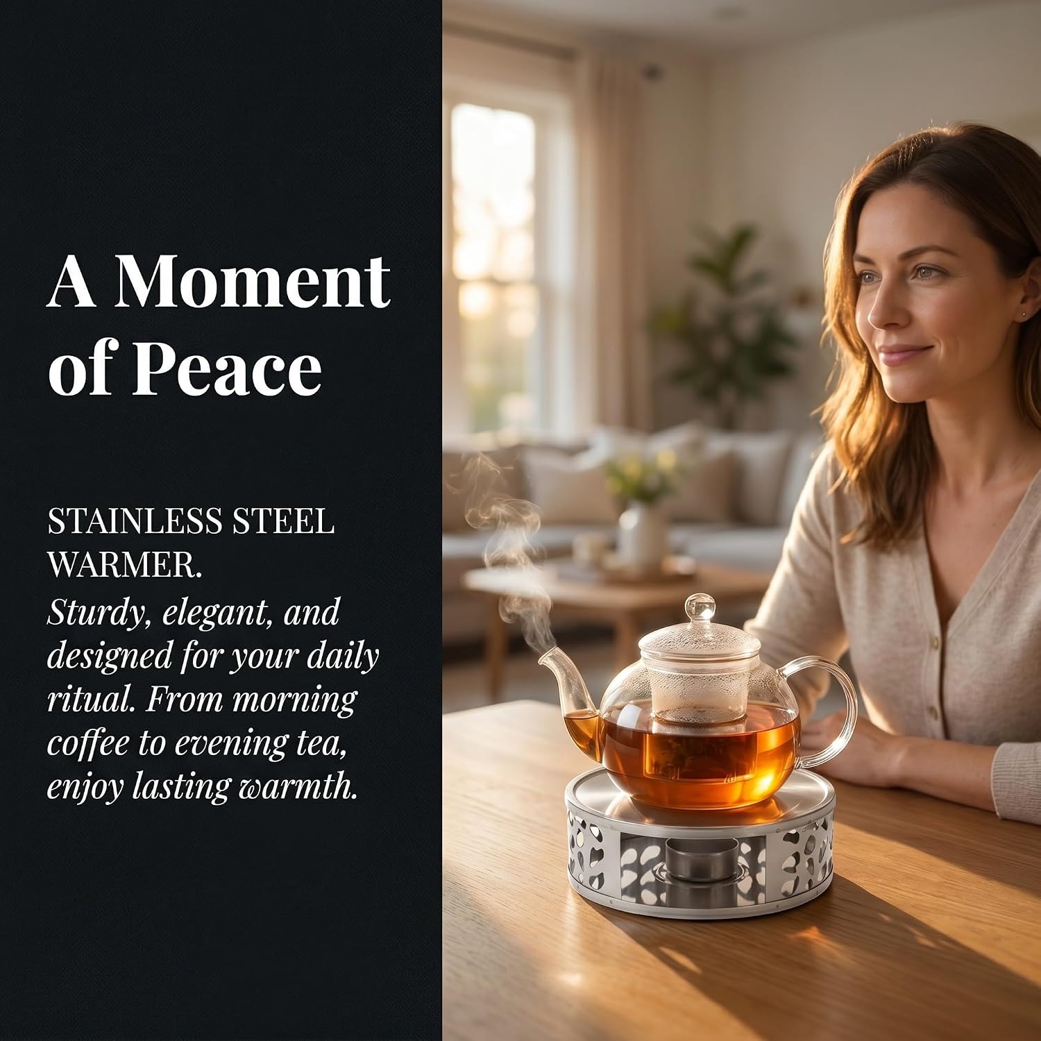 Stainless Steel Teapot Warmer Set 6x2.3 Heating Base 3pcs with Tealight Holder, Heat Resistant and Elegant Hollow Design for Tea, Coffee, and Small Foods, for Home Use