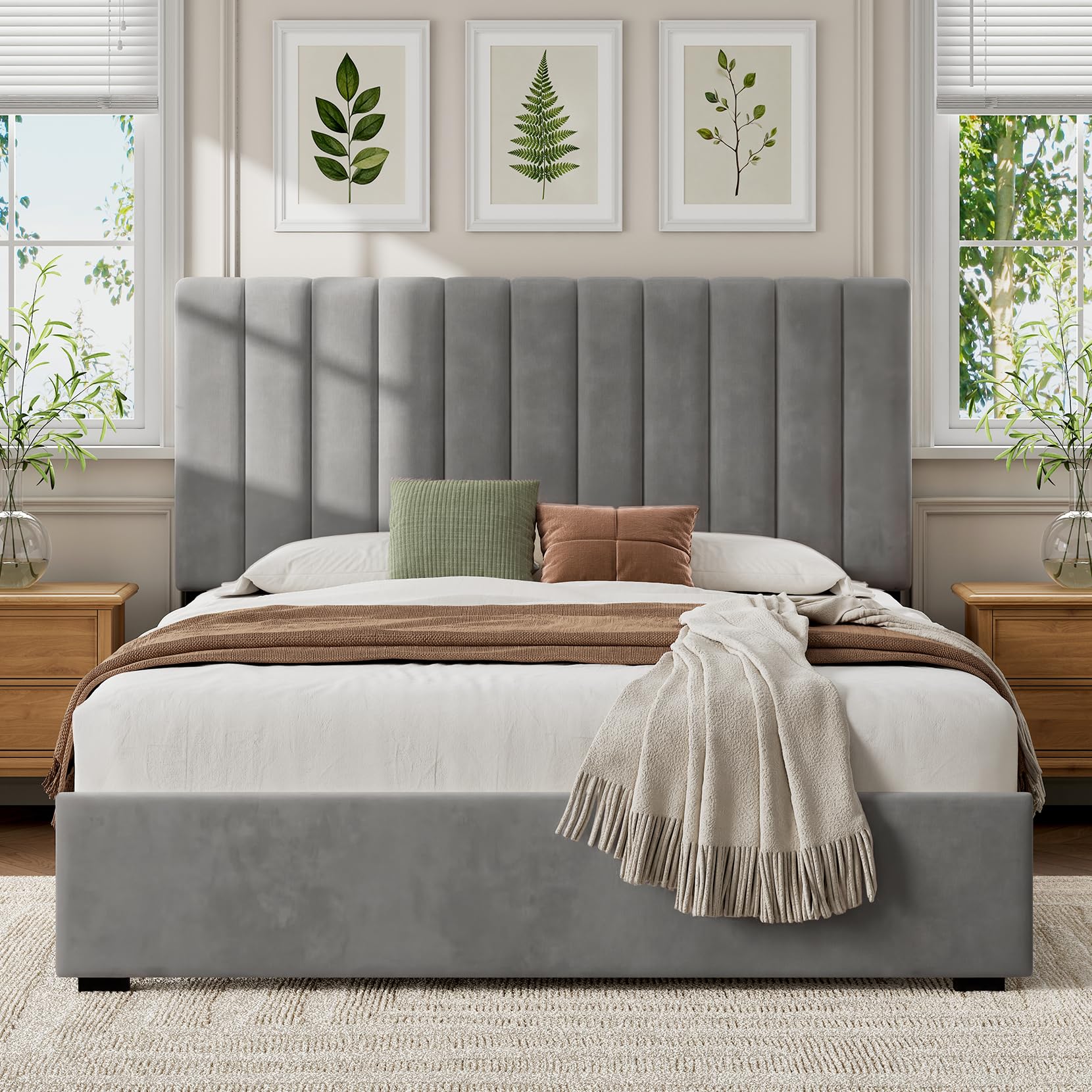 Welzona Small Double Upholstered Bed Frame with Headboard, 120x190cm, Grey