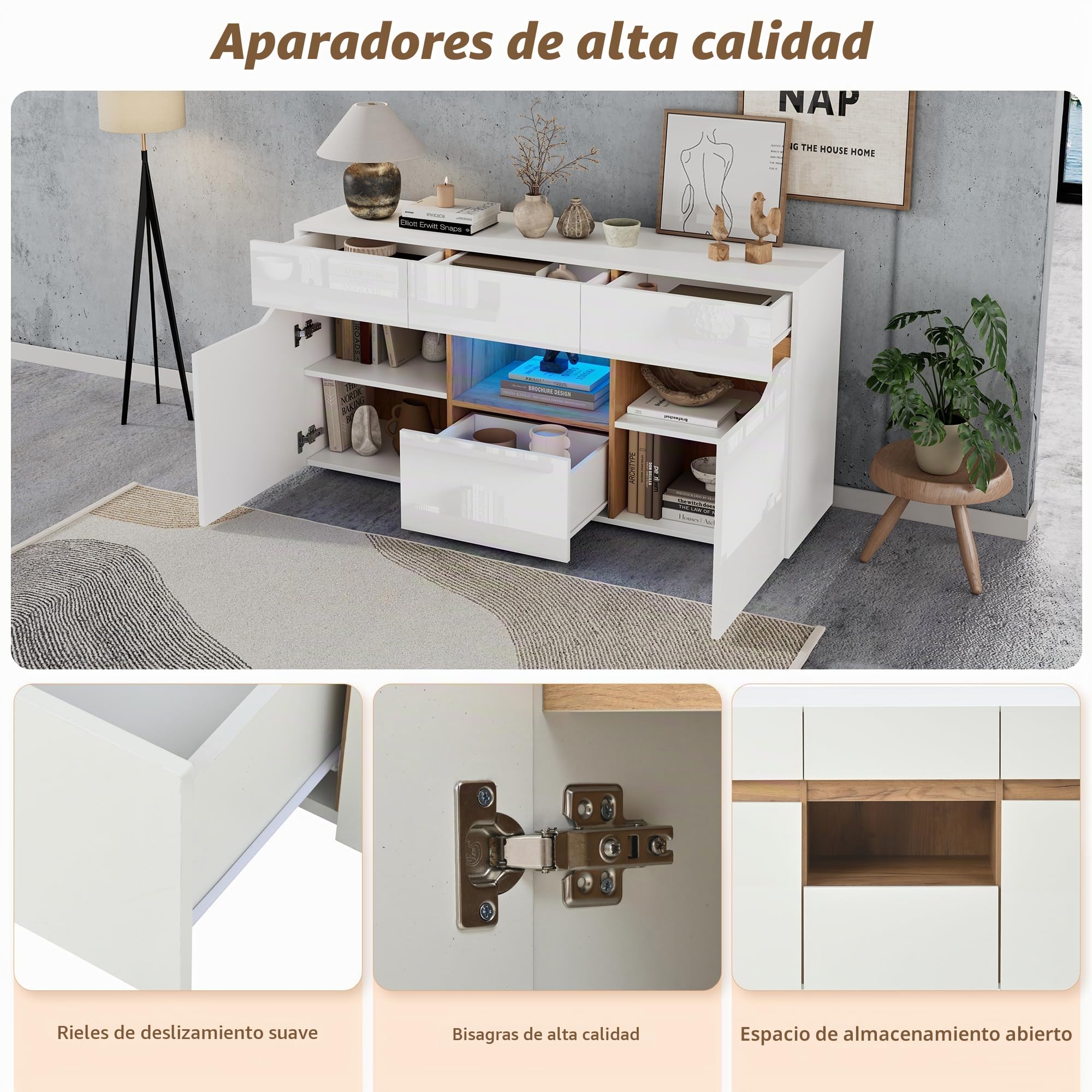 Merax Aparador blanco brillante moderno con iluminación LED, armario de cocina, armario buffet con 2 puertas, 4 cajones, armario multiusos para comedor, salón, cocina