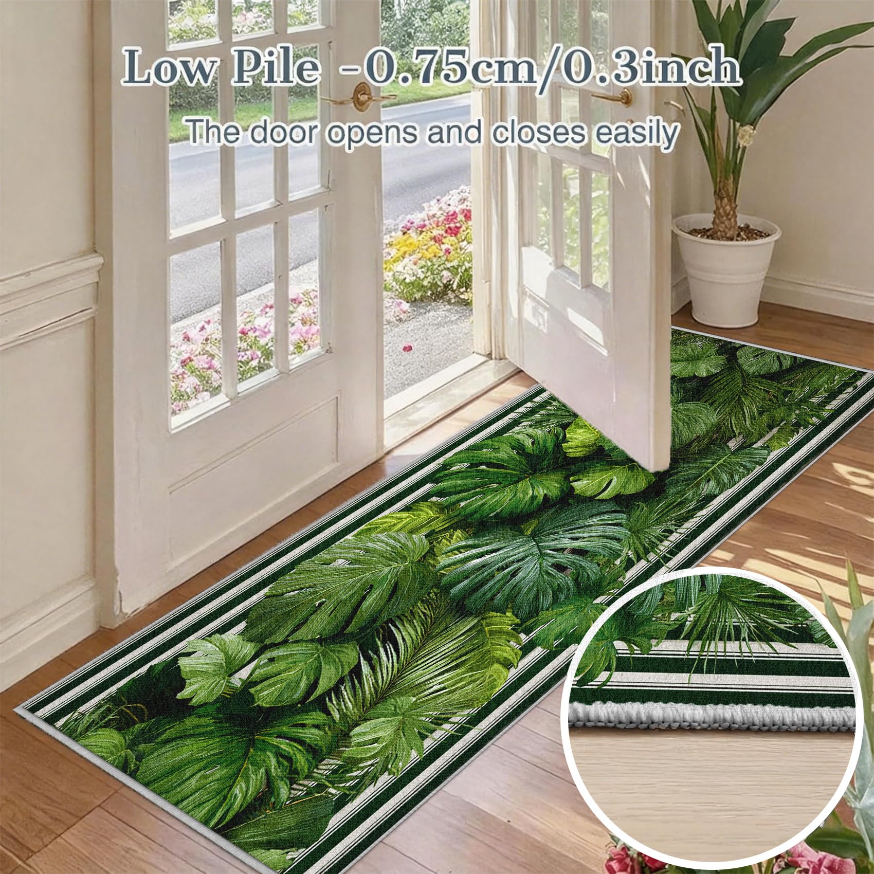 Monstera Blätter Teppich Läufer 60x150, Tropische Pflanze Teppiche Rutschfest Kurzflor Waschbar Bettumrandung Schlafzimmer, Grün Streifen Teppichläufer für Küche Flur Eingangsbereich DML185wq