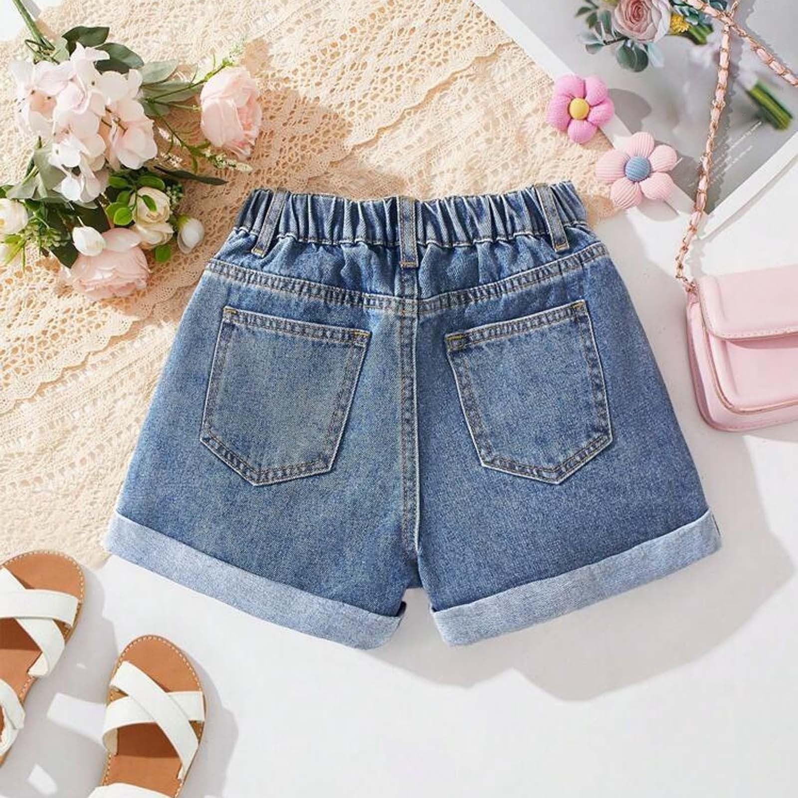 Pantalones cortos de mezclilla casuales para niñas | Pantalones cortos de verano con cintura elástica y pierna ancha para niños y adolescentes