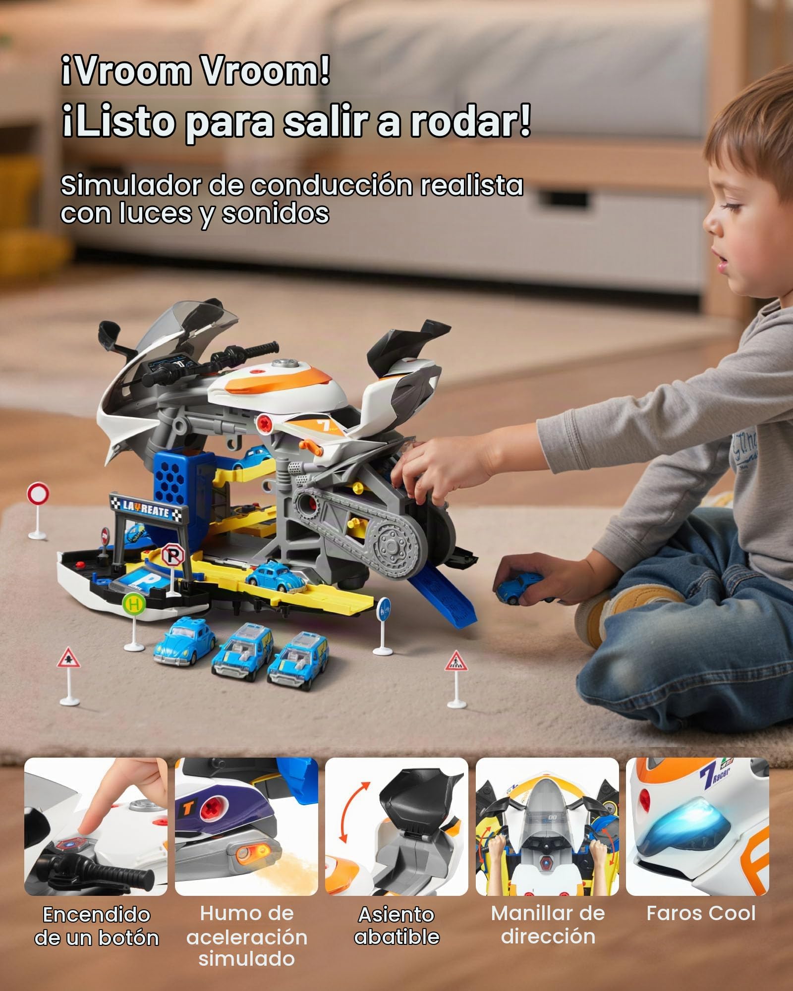 VEVOR Juguete de Motor de Motocicleta, 25 uds Mecánica de Motocicletas con Piezas Extraíbles, Luces y Sonidos, Simulación de Conducción y Carreras en Pista, a Niños a Partir de 3 Años, Amarillo