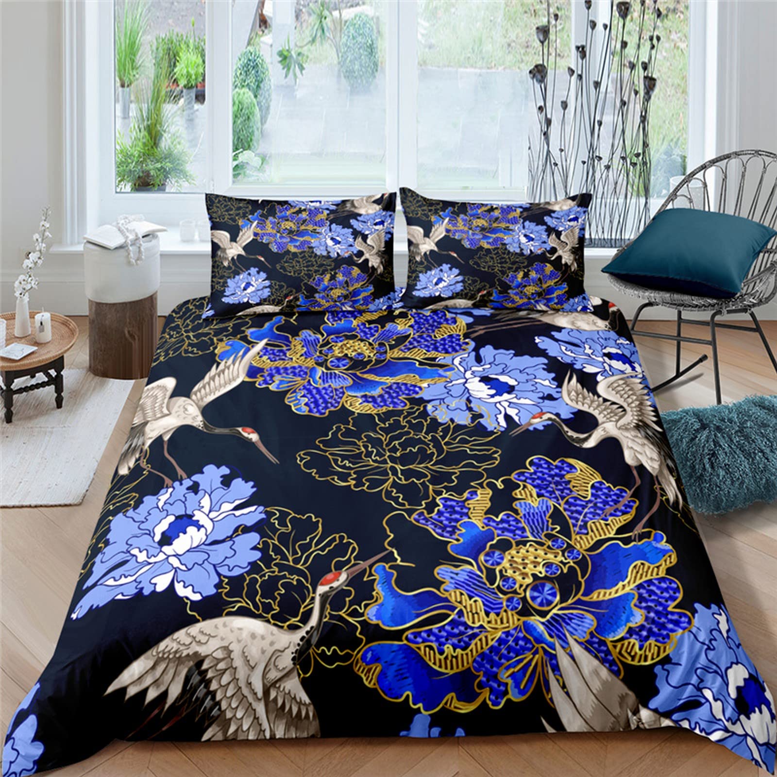 Duvet Cover 3 Pieces 200 x 200 cm Crane Beautiful Blue Flower Set of 3 Pieces of 3D Printed Microfibre Bedding 1 x Duvet Cover 2 x Pillowcases, Duvet Cover with Duvet Cover C Closure remall