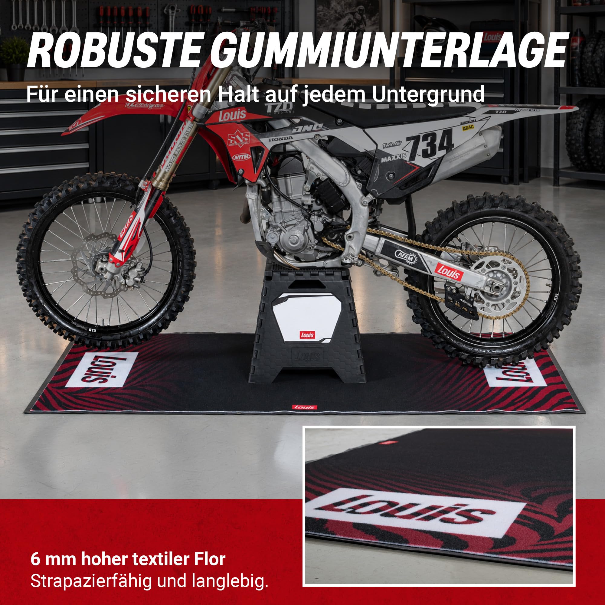 Louis Motorradmatte 100 x 200 cm mit Tasche, Umweltmatte für Motorräder, Garagenmatte für Werkstatt und Fahrerlager, Motorradteppich, Öl- und kraftstoffbeständig, FIM-konform