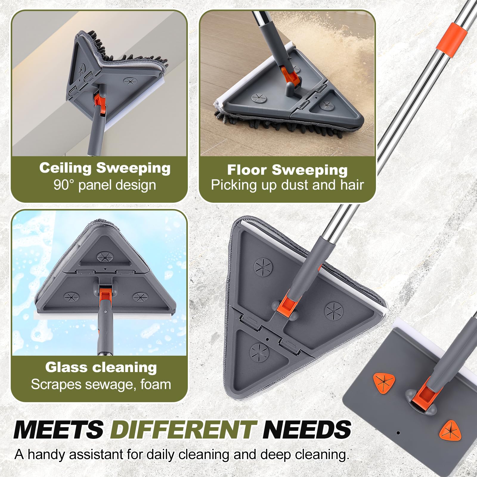 Trapeador de Limpieza Triangular, Limpiador de Pared Mopp con Mango Largo, Mopa Limpia Paredes con Rasqueta, Mopa Triangular Giratoria 180º para Limpiar Azulejos con 8 Paños (4 en 1)
