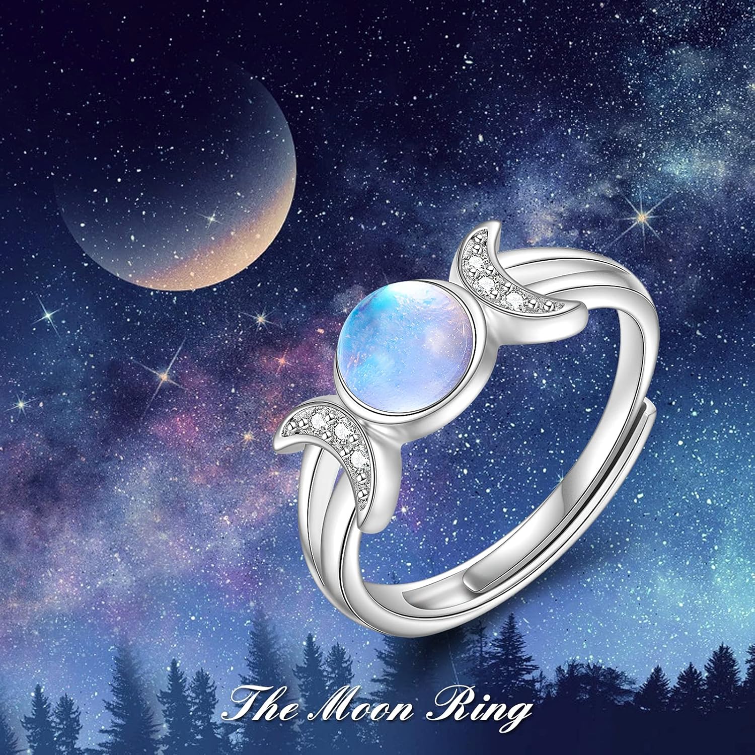 POPLYKE Triple Moon Bands Ring Wicca Jewelry for Women 925 Sterling Silver Pagan Gifts