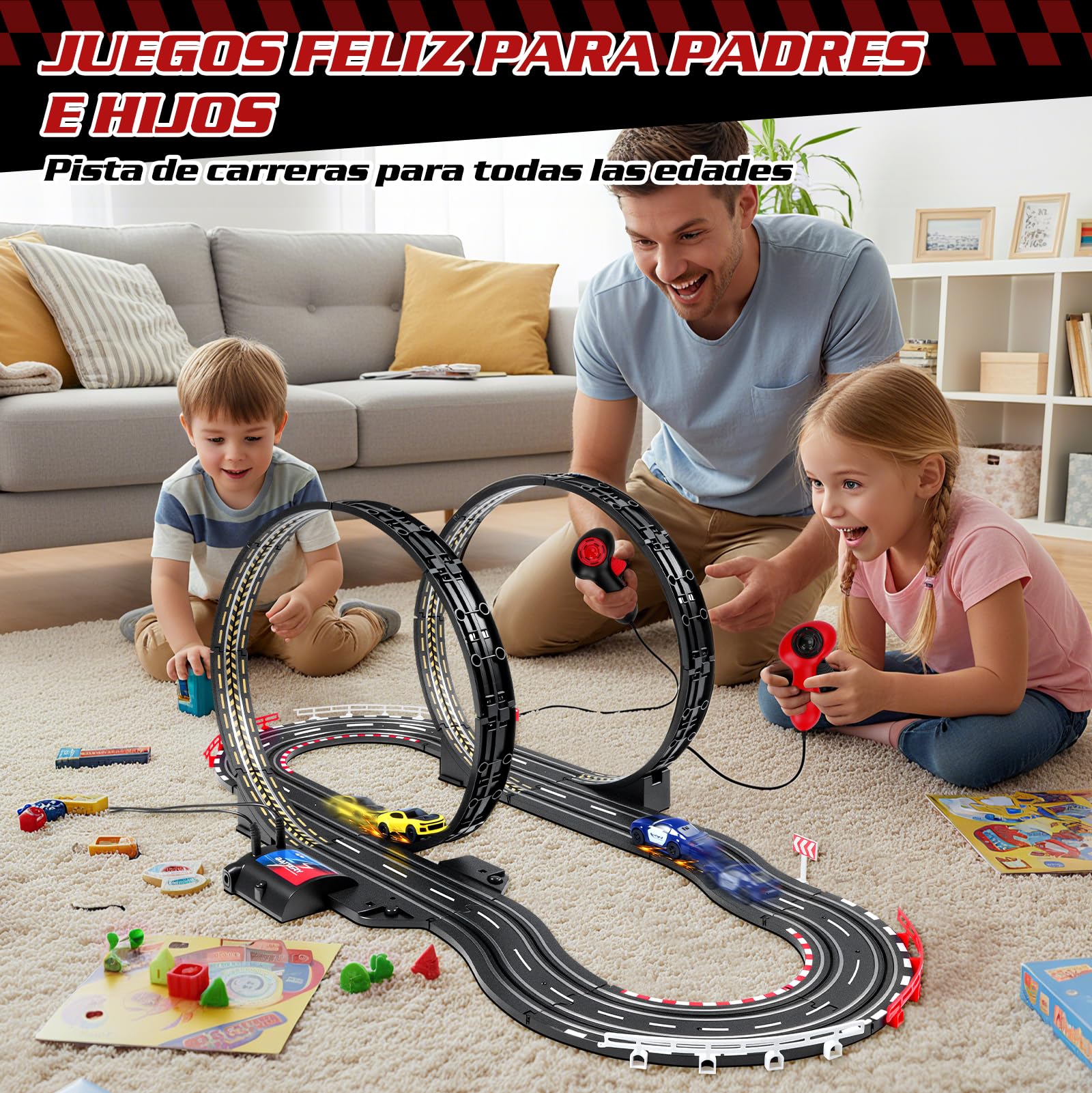 JONRRYIN Pista Carreras Electrica, Pista De Coches para Niños 1:64 Circuito Coches Pista Carreras Niños 3+ Años Juguete Regalos - 2 Coches, Bucle 360°, Contador Vueltas (308CM)