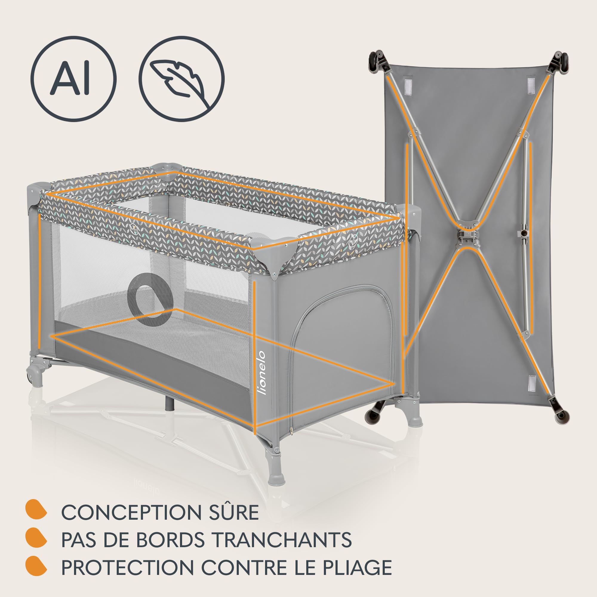 LIONELO Stefi lit bebe bebe jusqu'à 15 kg, entrée latérale, dispositif de protection contre le pliage accidentel LockGuard, système de pliage rapide, sac de transport (GREY)