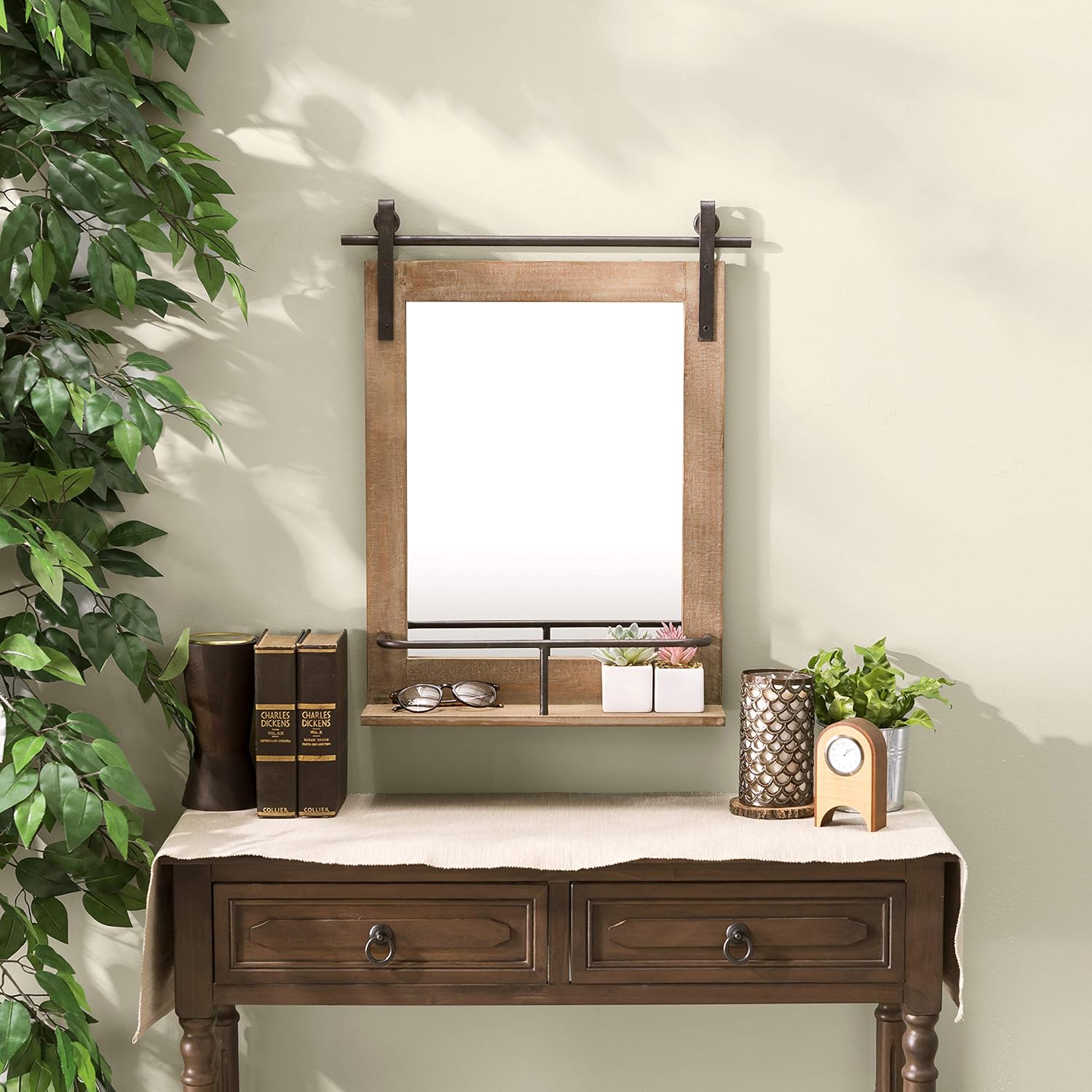 Danya B. Rustic Industrial Wood-Framed Wall Mount Barn Door Vanity Mirror with Shelf and Iron Hardware - Decorative Rectangle Rustic Bathroom Mirror