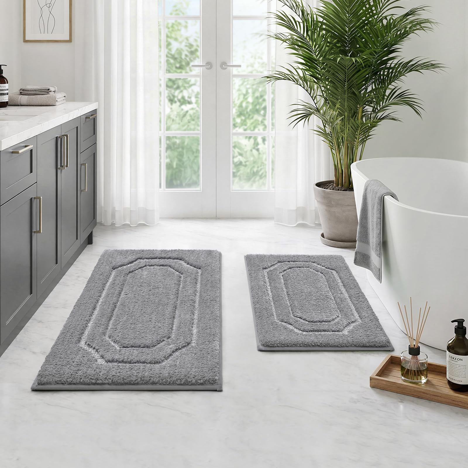 HOMEIDEAS Bathroom Rugs Sets 2 Piece Grey