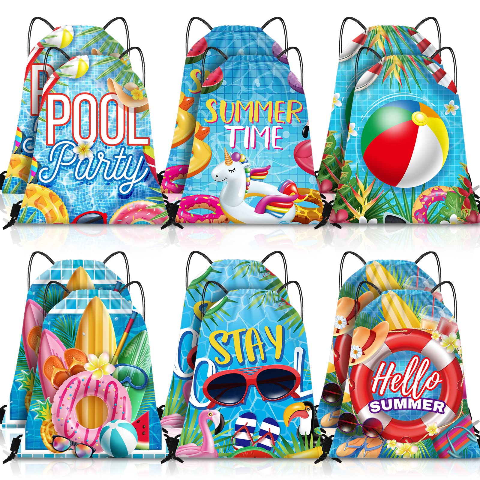 Kacctyen 12 Pcs Pool Beach Drawstring Bags Summer Drawstring Backpack Beach Ball String Birthday Bag Pool Party Decoration (Classic)
