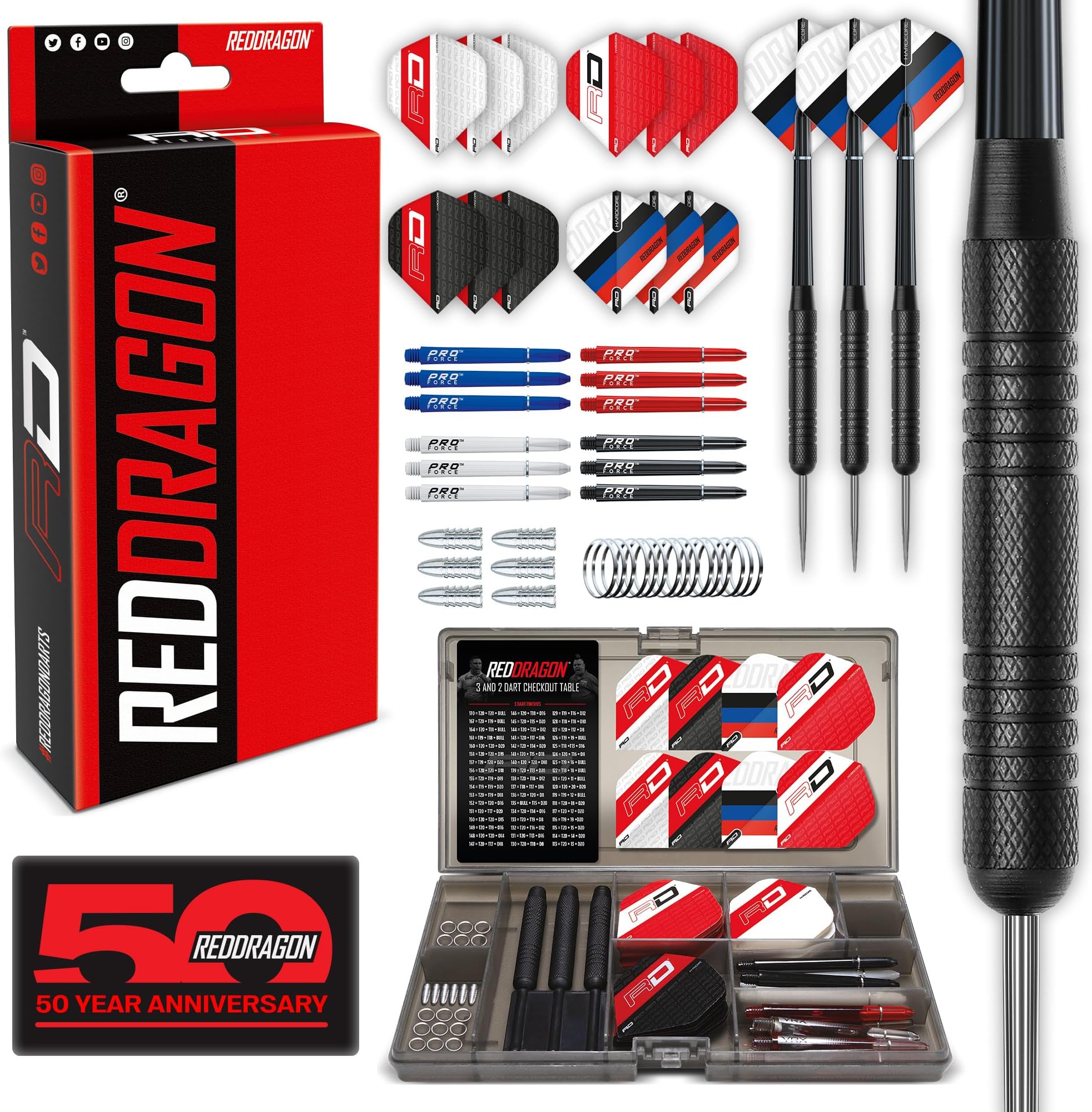 RED DRAGON - Ultimate 50 Piece Professional Dart Set, Peter Wright 'Snakebite' or Gerwyn Price 'Iceman' - Includes Steel Tip Brass Darts Set With Case, Dart Flights, Shafts & More Accessories