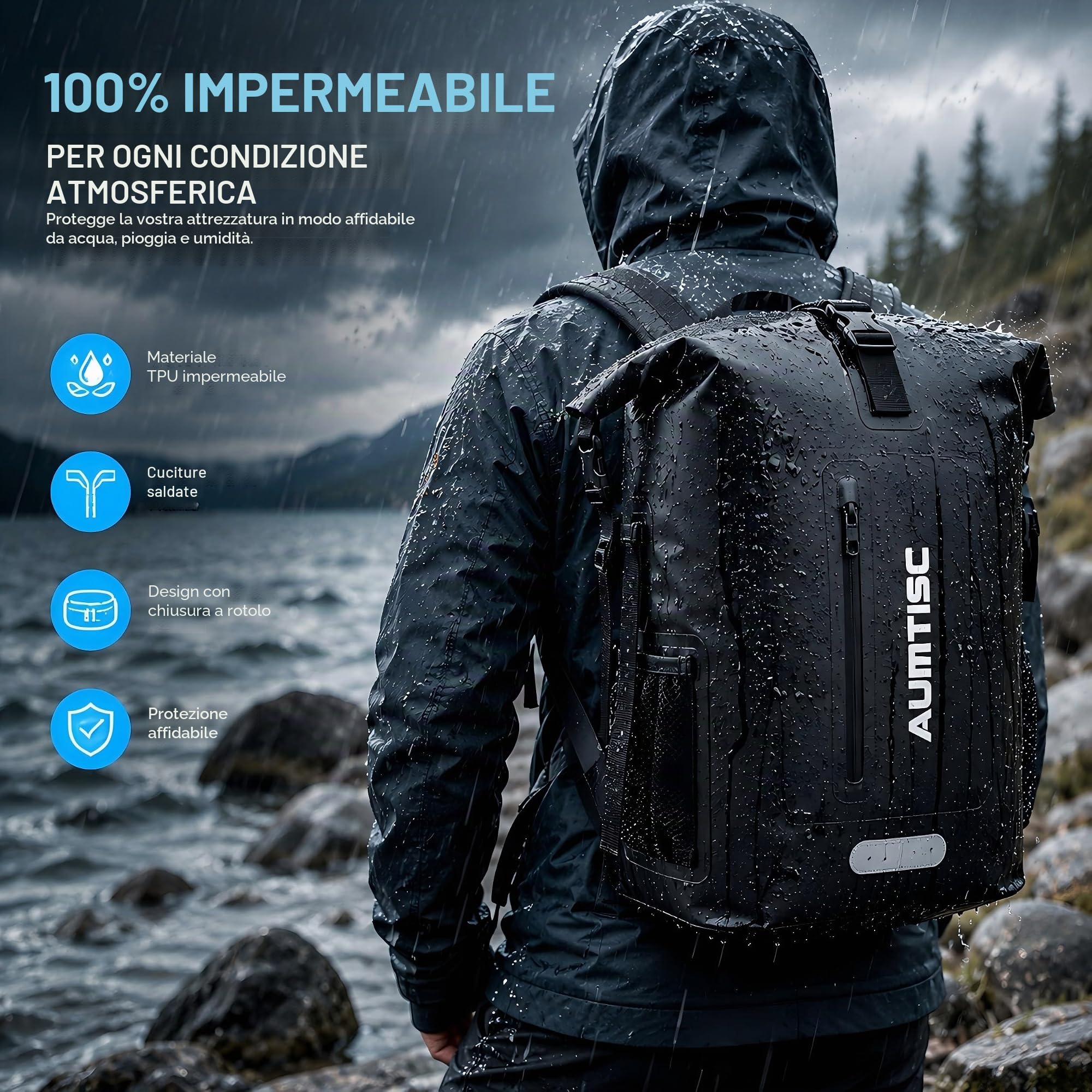 AUMTISC Borsa impermeabile da 35 litri con scomparto per computer, zaino impermeabile a rolltop per kayak, pesca, motorizzazione