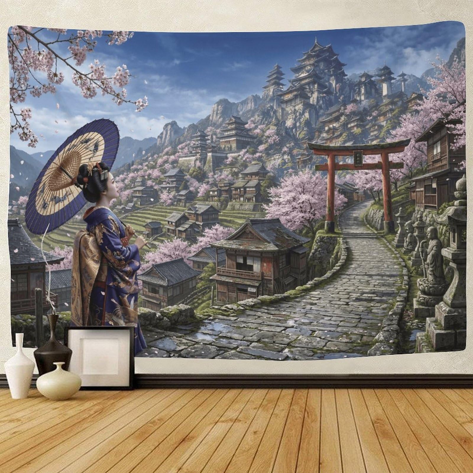 GPMNBCXZK Japanese Geisha Wall Tapestry Traditional Town 3D Print Decorative Wall Art for Living Room Bedroom Dorm 100cmx150cm