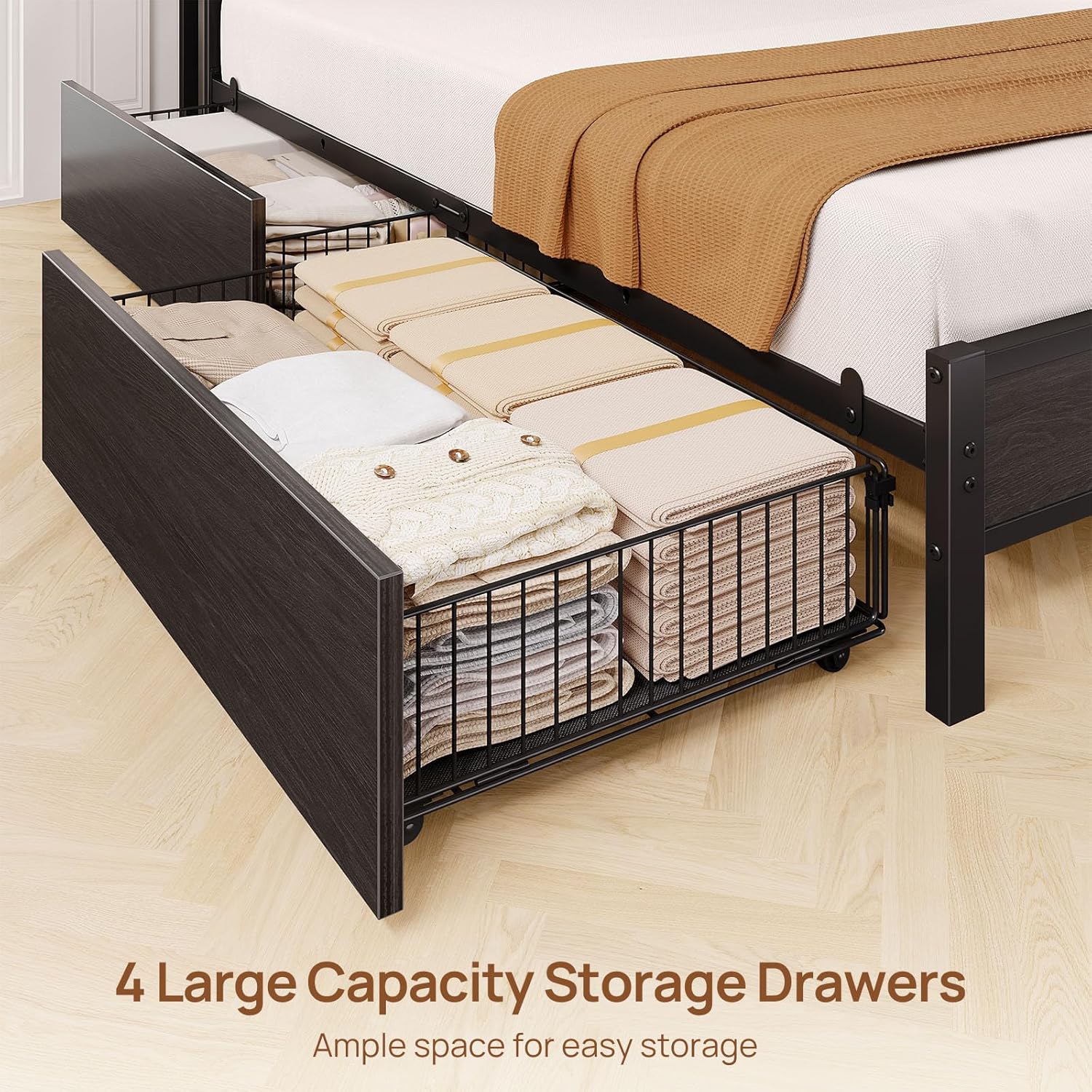 Rolanstar Full Size Bed Frame with Charging Station and LED Lights, Upholstered Storage Headboard with Drawers, Heavy Duty Metal Slats, No Box Spring Needed, Noise Free, Easy Assembly, Dark Grey - Image 4