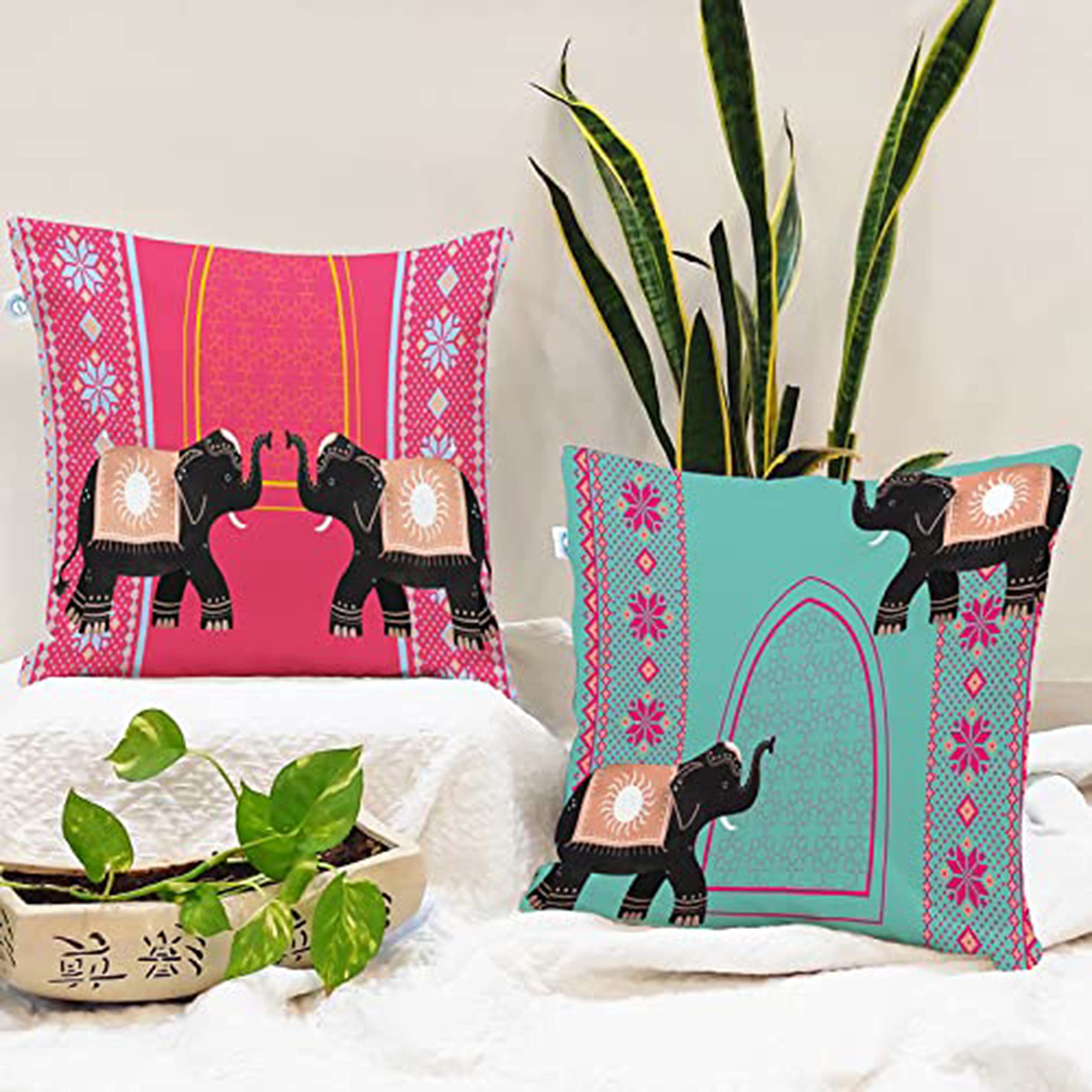 STITCHNEST Set of 2 Polycotton Cushion Covers – 24x24 Inches – Traditional Elephant & Arch Motif in Pink, Aqua & Yellow – Ethnic Festive Cushion Covers for Sofa & Home Decor