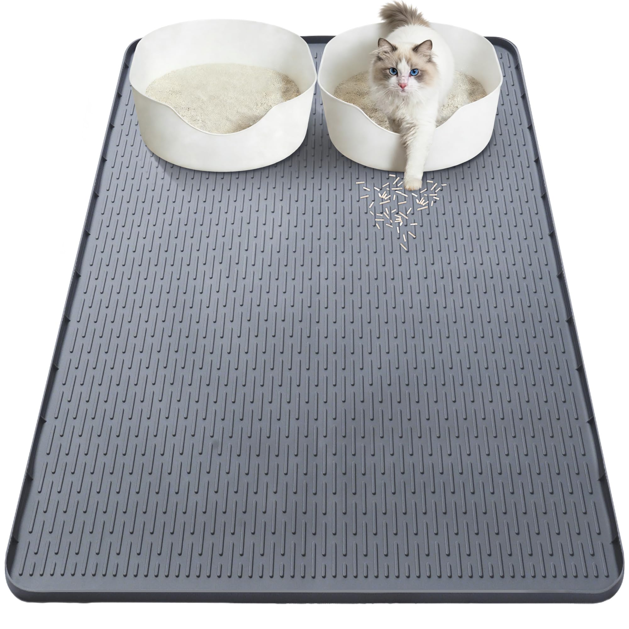 ohbien Cat Litter Mat Extra Large, 101x71cm Silicone Waterproof Cat Litter Tray Mat with Raised Edges for Scatter Control, Soft on Kitty Paws Easy to Clean, Trapping Mat for Litter Trays & Food Bowls