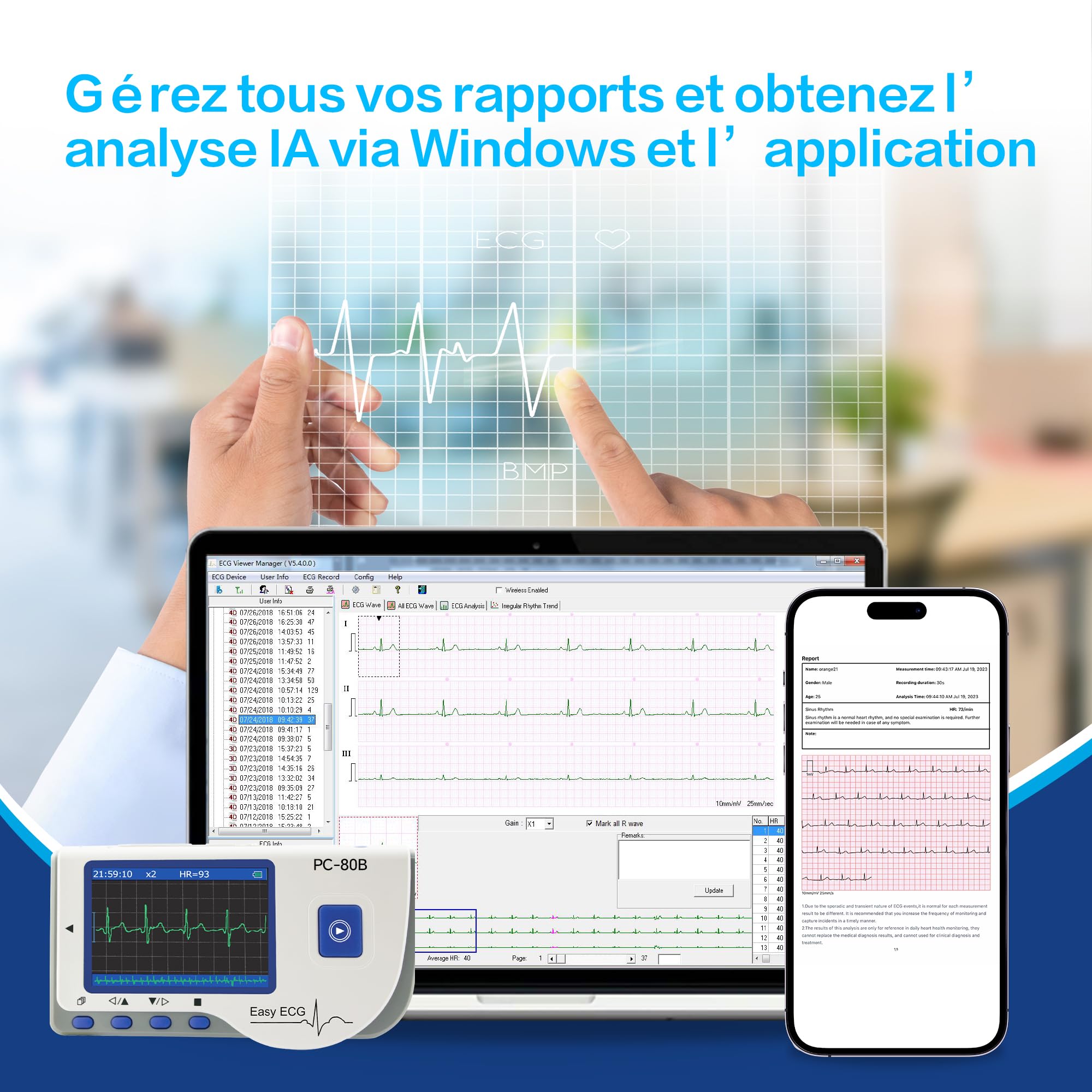 ECG Portable 3 Dérivations avec Analyse Algorithmique – 22 Heures d’Enregistrement Continu, Écran LCD Intégré, Compatible Mac et Windows, Idéal pour Usage Domestique