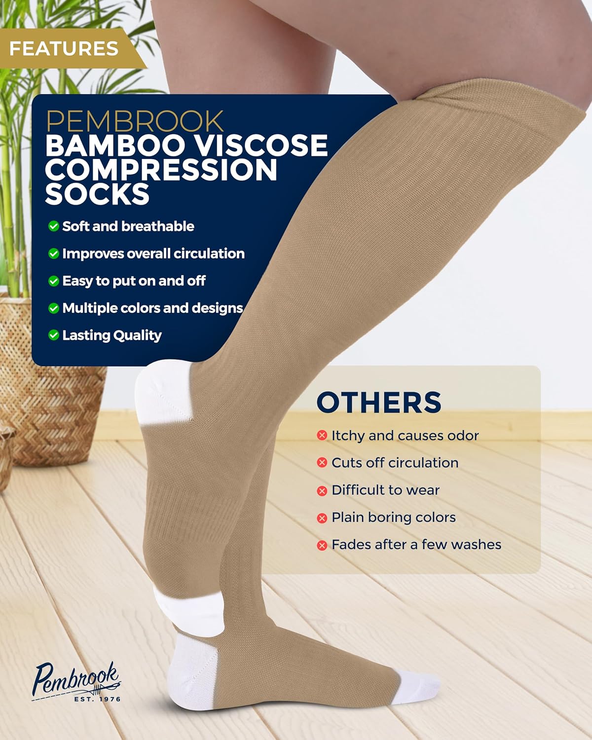 Pembrook Bamboo Viscose Light Compression Socks - 3 Pairs | 8-15 mmhg Compression Socks | Knee High Comfort Support Socks - Image 4