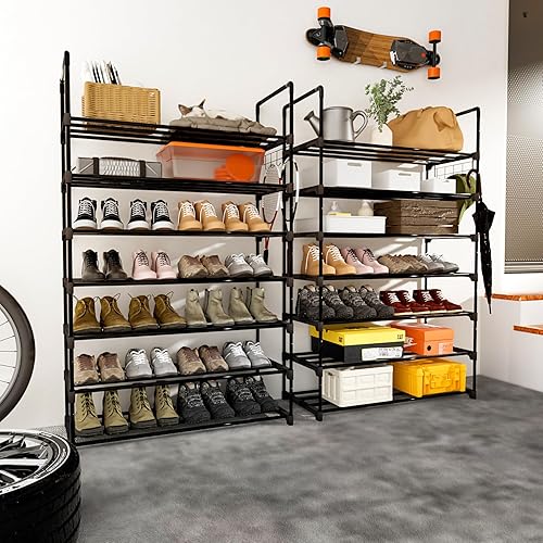 Miniatura 5 de Organizador de zapatos, estante de zapatos de 7 niveles para 28 pares de zapatos, zapatero de metal ajustable con gancho para entrada, color negro