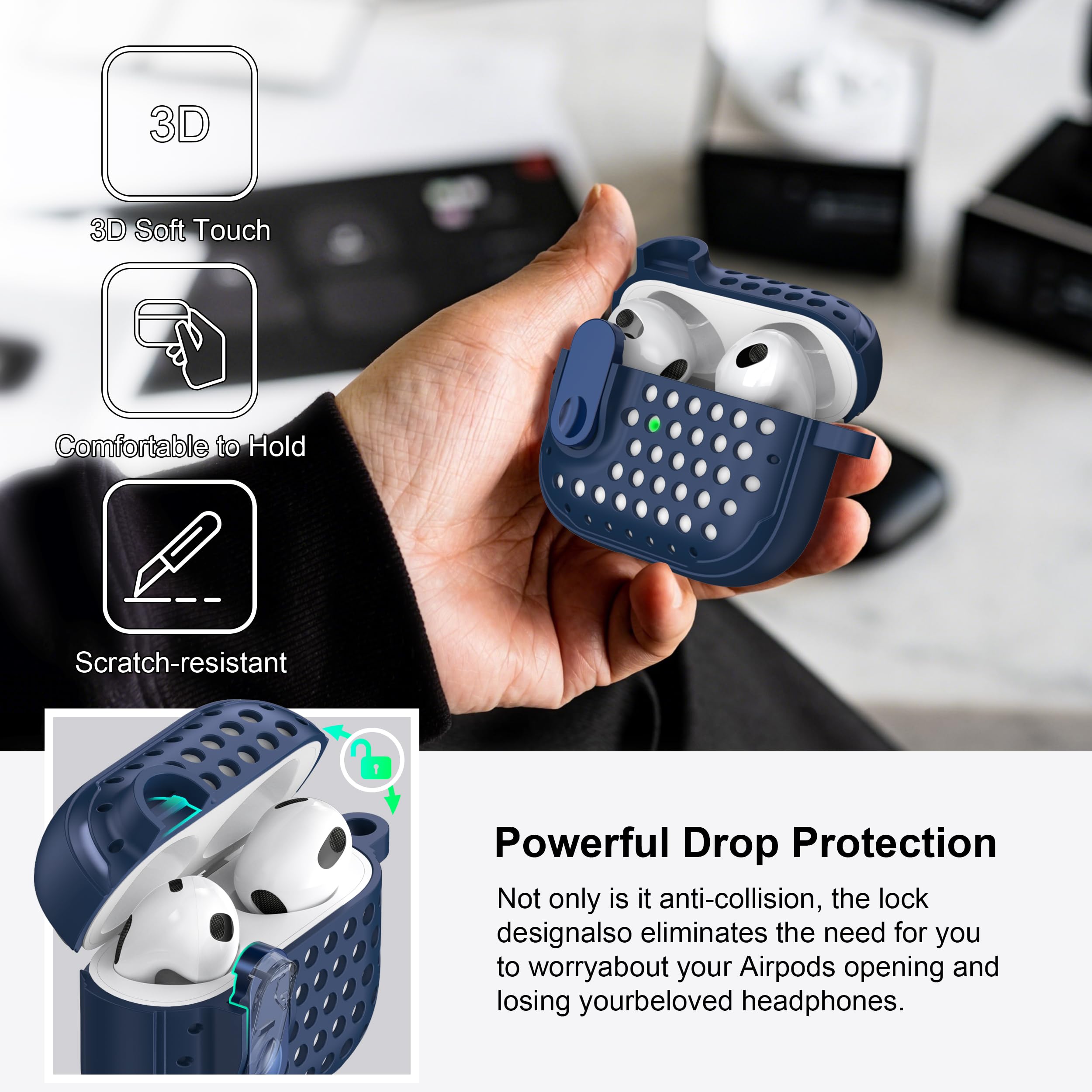 RFUNGUANGO Compatible with AirPods 3 Case, Anti-Fall Lock Design, Powerful Drop Protection, Personalized Hollow Style Compatible with AirPods 3rd Generation Charging Case(2021),Hole Blue — view 2