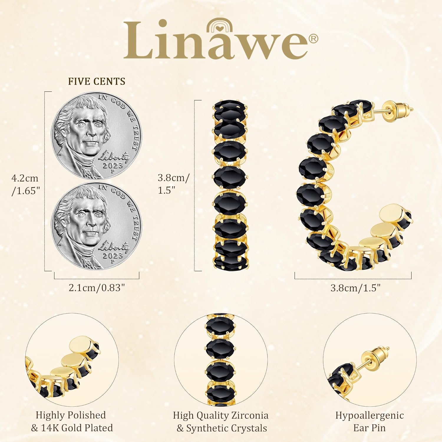 Linawe Hypoallergenic Stainless Steel Chunky Hoop Earrings for Women, Gold/Silver Tones, Birthstone Rhinestone Imitation Diamond Crystal Cubic Zirconia Large Half Hoop Earrings - Image 4
