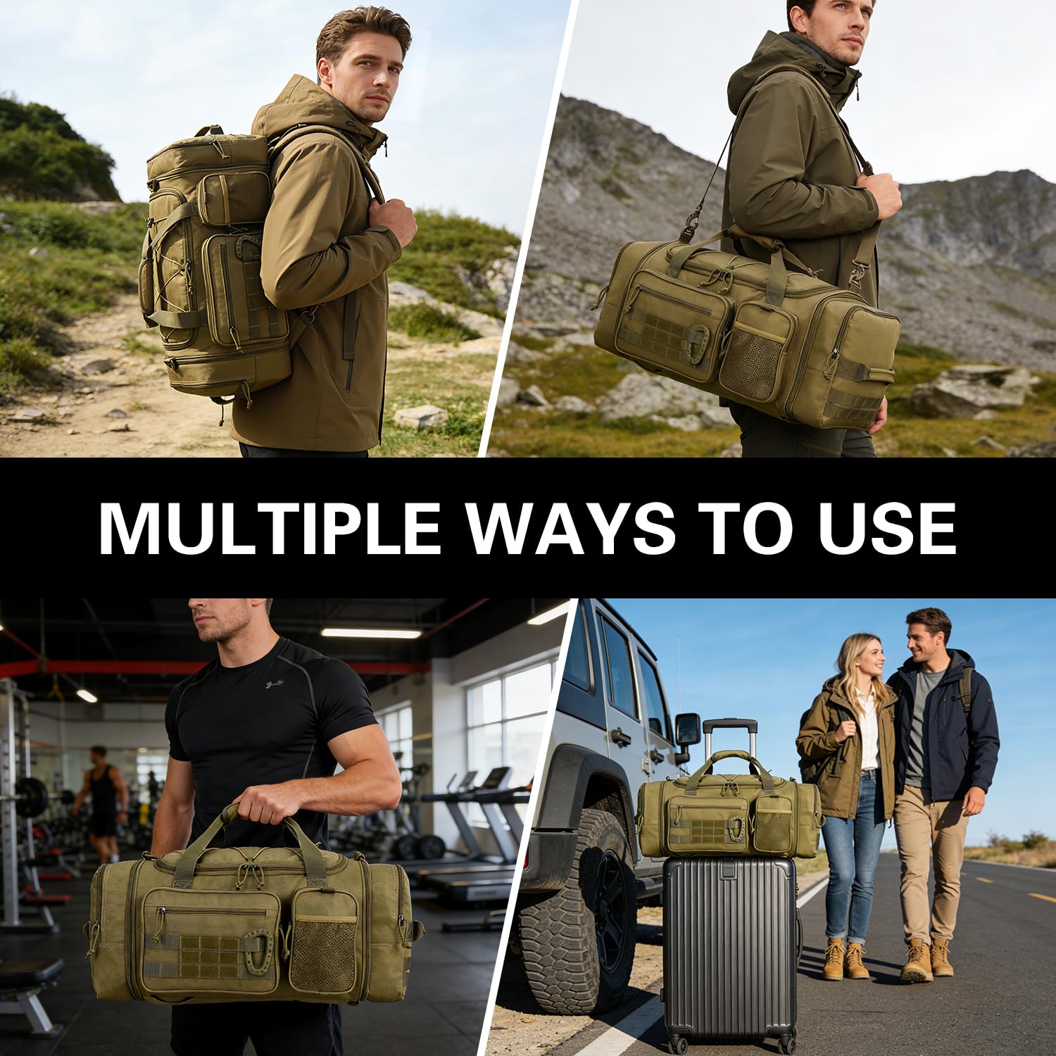 Bolsa de Viaje Táctica Expandible 40-45L Bolsa Deporte Hombre con Compartimento Zapatos y Bolsillo húmedo Bolsas Gimnasio con Función Mochila para Fin De Semana, Viajes, Marrón