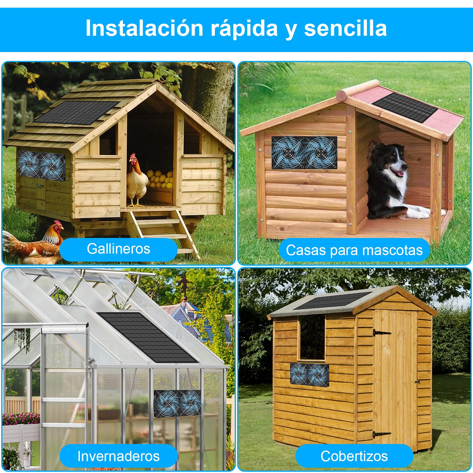 Ventilador Solar Exterior 15W Ventilador de Panel Solar Kit de Panel Solar con Doble Ventilador de CC para Invernadero, Gallinero y Cobertizo, Resistente al Agua