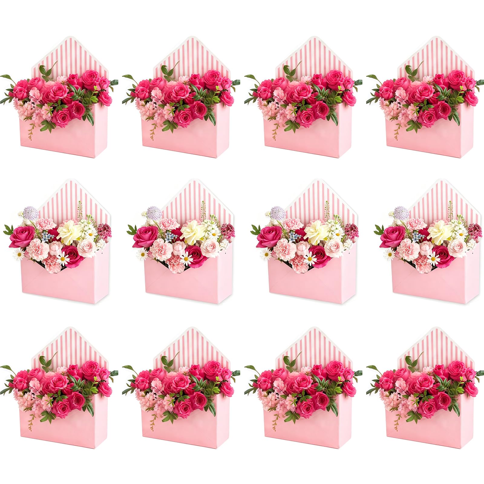 FYSUIMU 12Pcs Mother's Day Floral Envelope Box Empty Flower Stripe Paper Box Florist Bouquet Packaging Box for Valentine's Day Gifts Wedding Birthday Party Arrangements, Pink