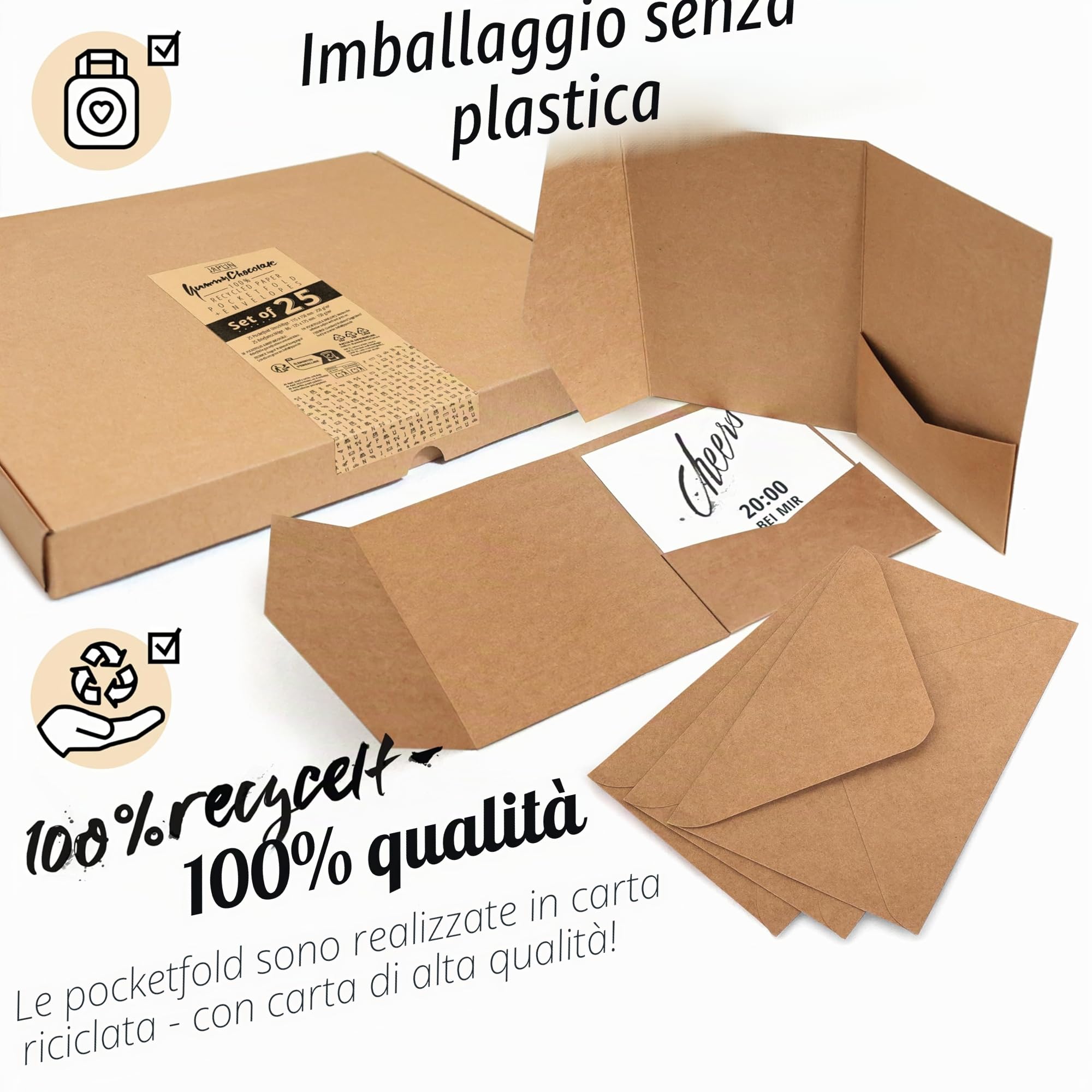 Japun Pocketfold Biglietti carta kraft vuoti tascabili con buste DIN B6 inviti nozze marrone 25 pezzi
